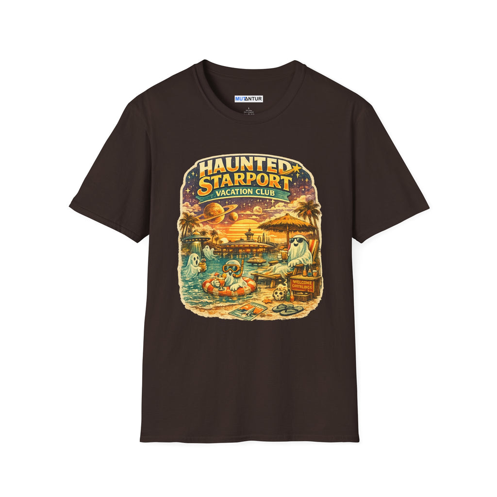 Haunted Starport Vacation Club T-Shirt – Funny Retro Sci-Fi Summerween Tee - Mutantur Labs LLC