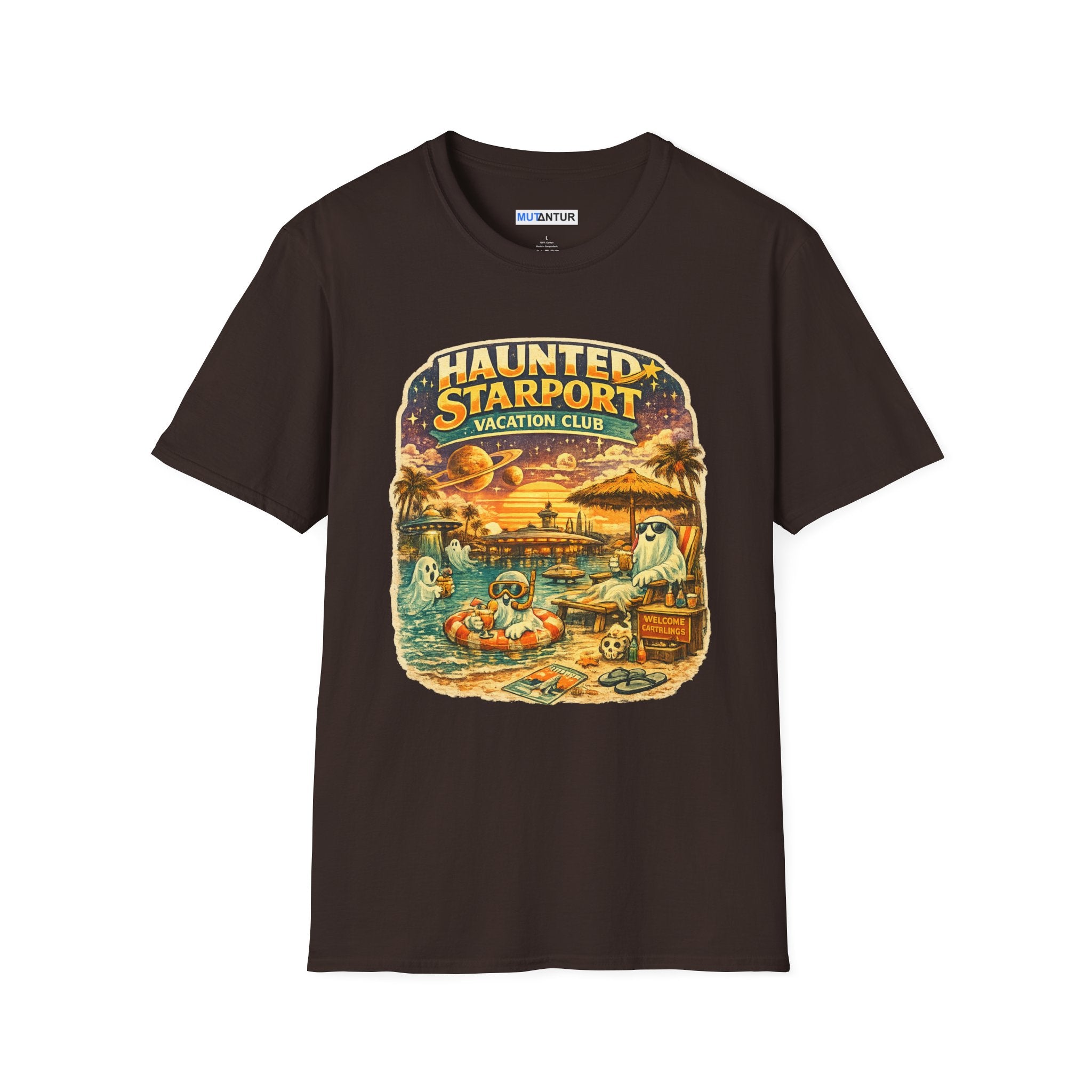 Haunted Starport Vacation Club T-Shirt – Funny Retro Sci-Fi Summerween Tee - Mutantur Labs LLC