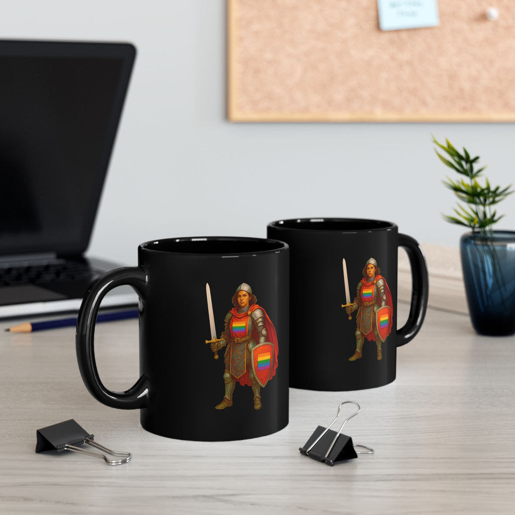 Rainbow Paladin Mug — Black Ceramic Mug with Pride Shield and Cape - Mutantur Labs LLC