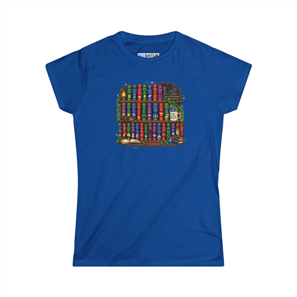 A royal blue short-sleeve crewneck t-shirt featuring a colorful graphic print of a bookshelf filled with books on the front, displayed against a solid white background.