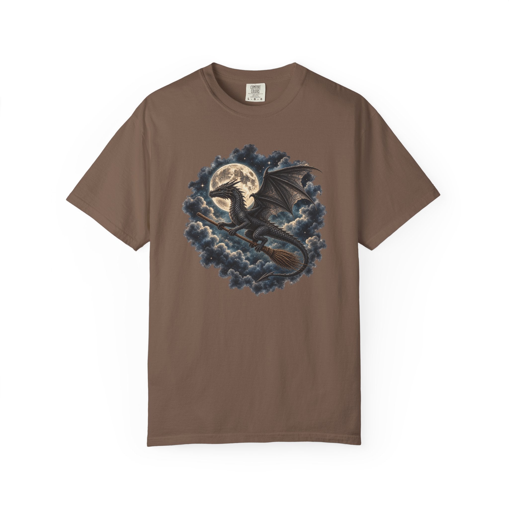 A brown short-sleeve crewneck t-shirt featuring a graphic print of a black dragon flying over dark blue clouds with a full moon in the background.