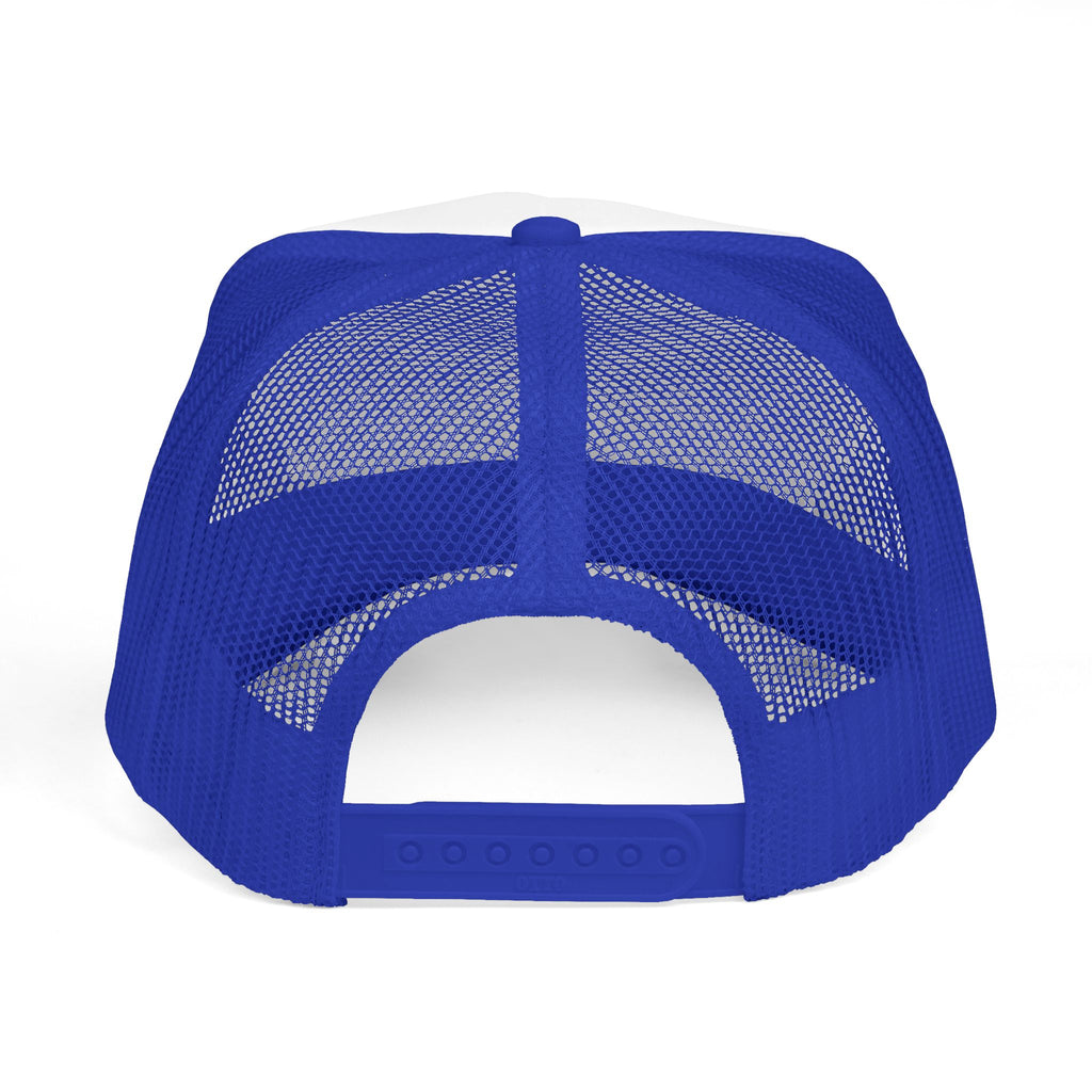 Dragon Handler trucker cap with dragon silhouette in royal blue and white, back view showing mesh panel and snapback closure