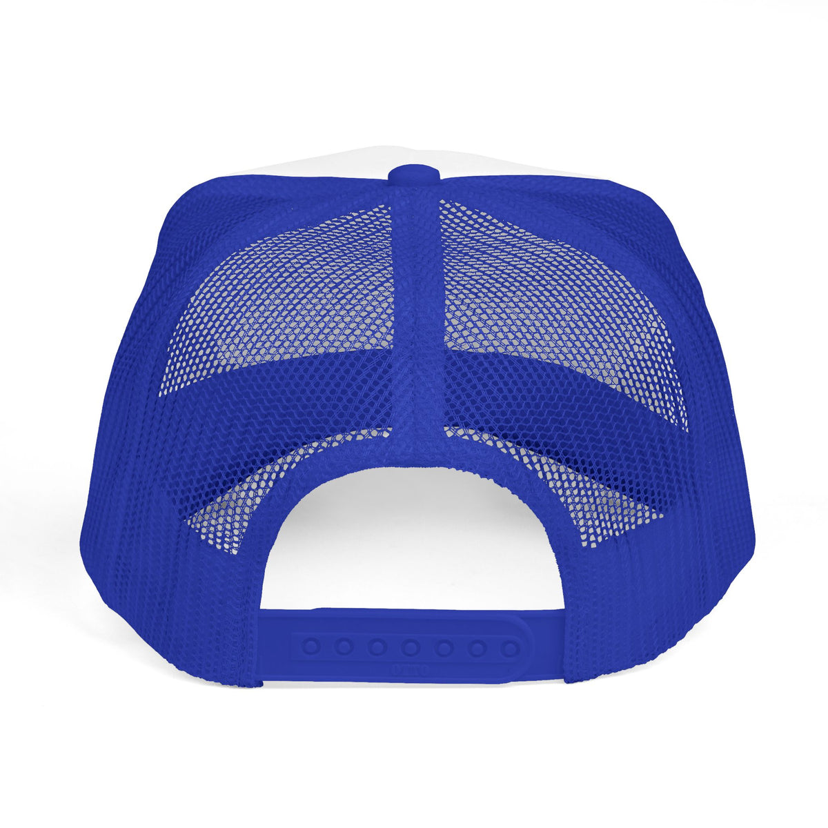 Dragon Handler trucker cap with dragon silhouette in royal blue and white, back view showing mesh panel and snapback closure