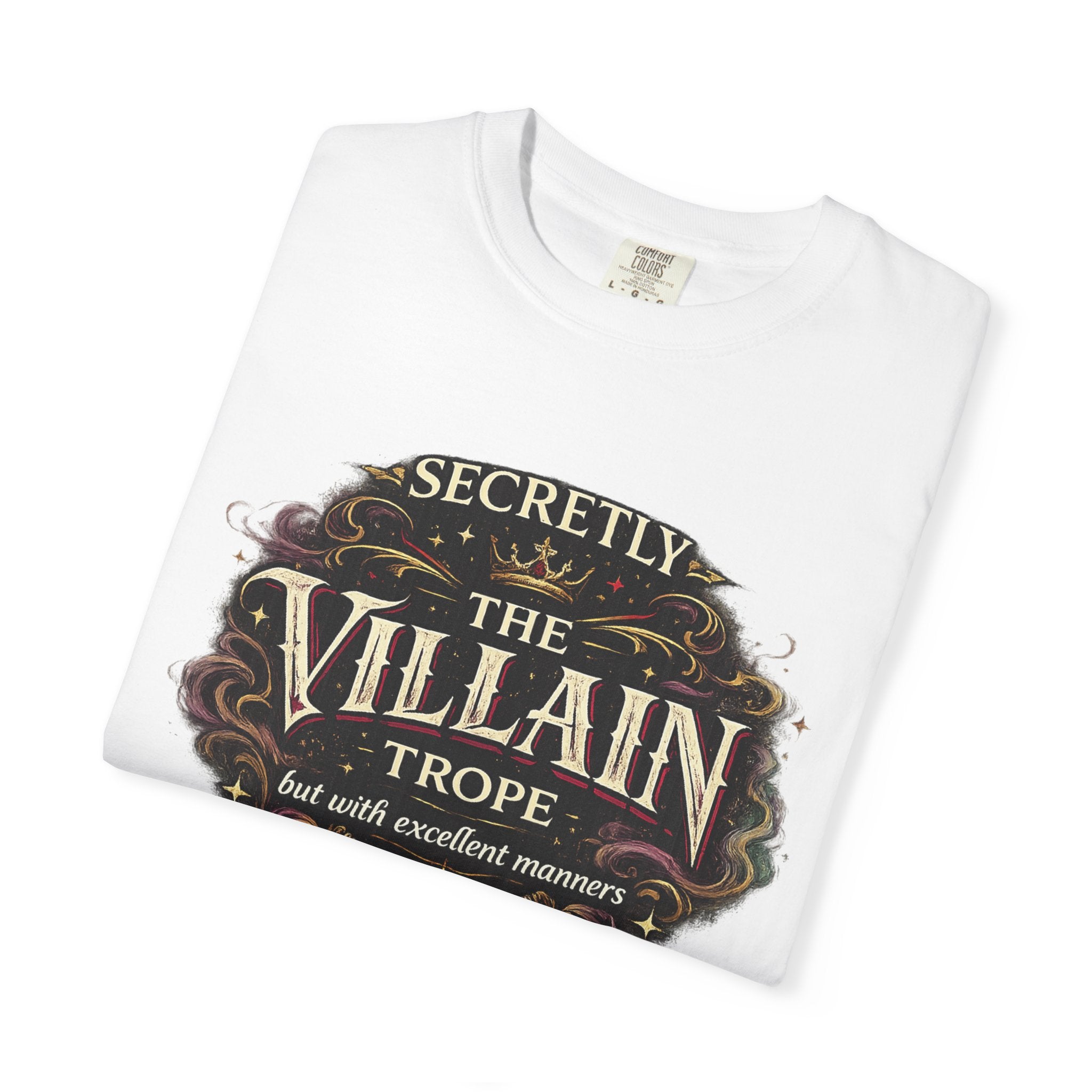 Villain Trope vintage fantasy Comfort Colors graphic tee, detail shot