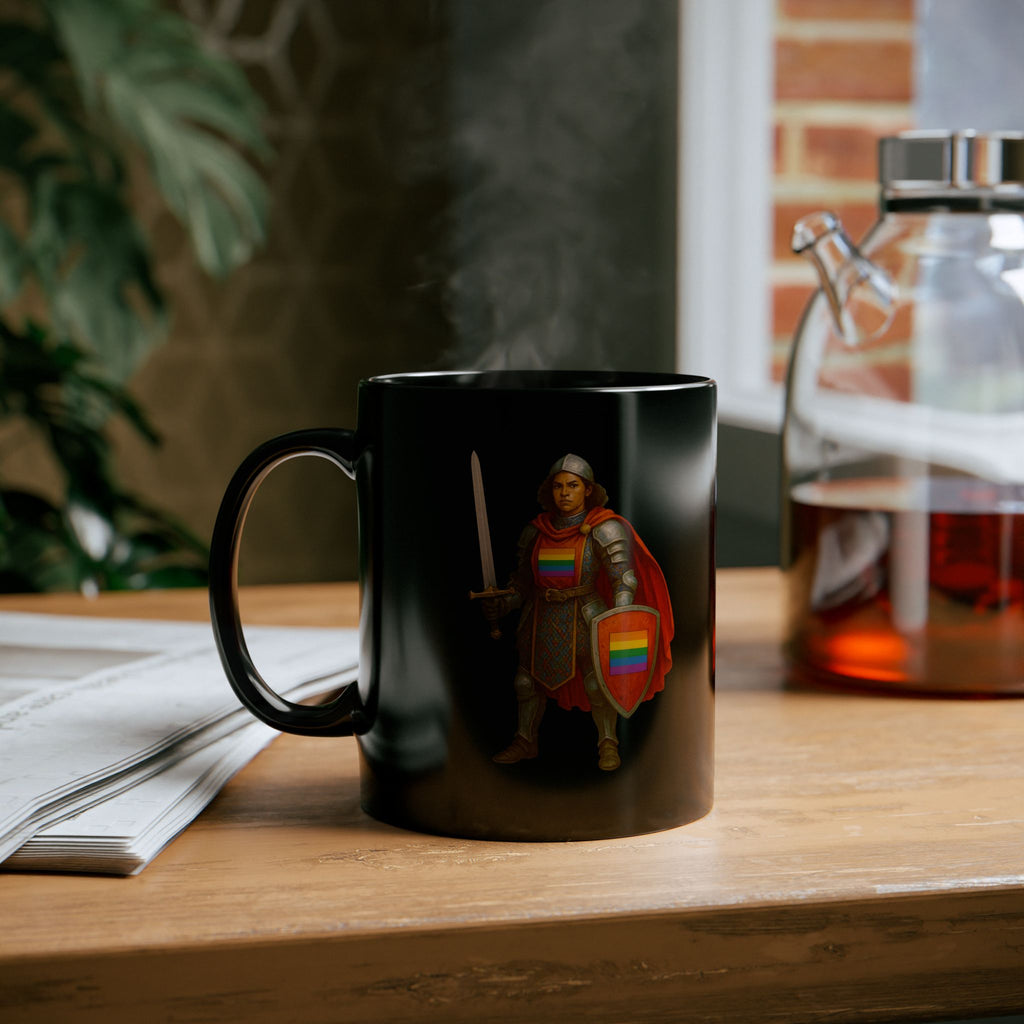 Rainbow Paladin Mug — Black Ceramic Mug with Pride Shield and Cape - Mutantur Labs LLC