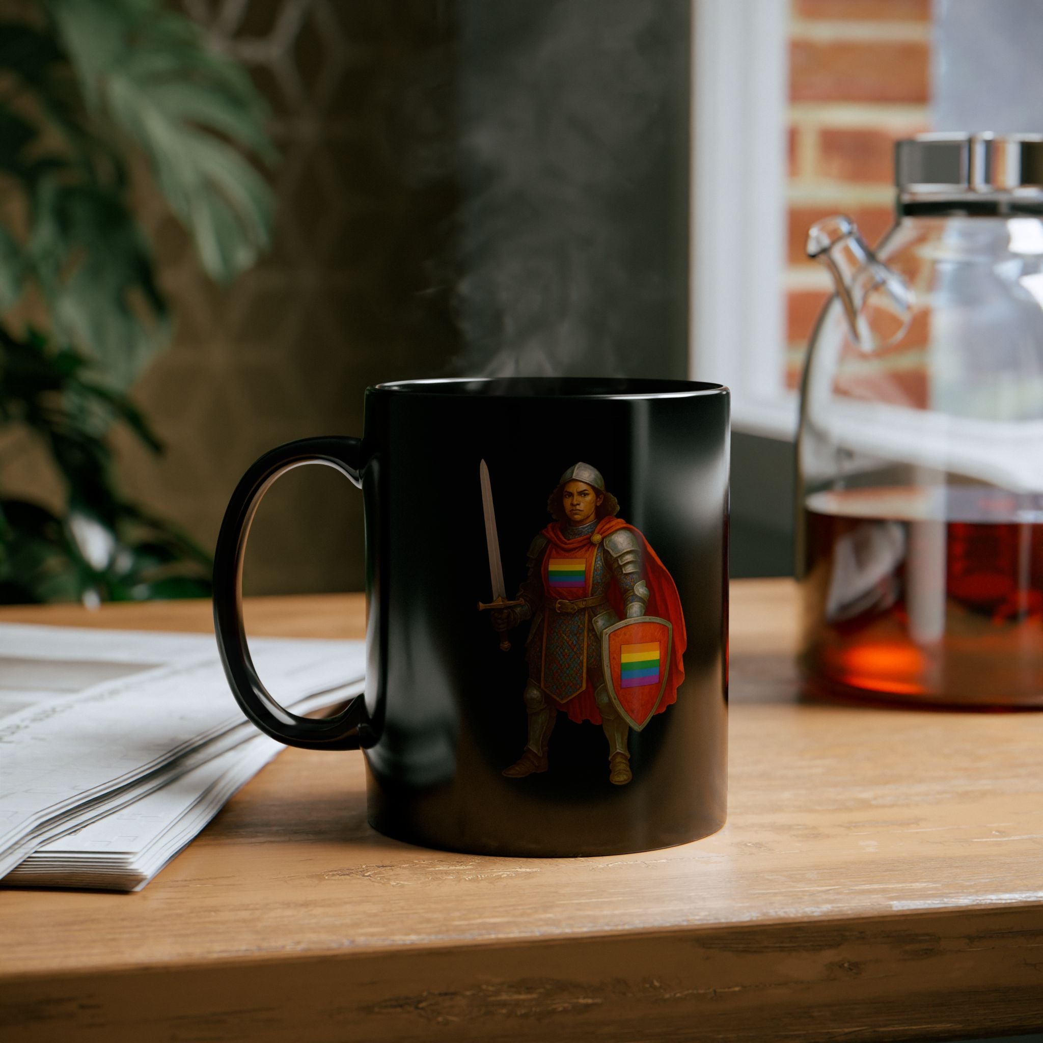 Rainbow Paladin Mug — Black Ceramic Mug with Pride Shield and Cape - Mutantur Labs LLC