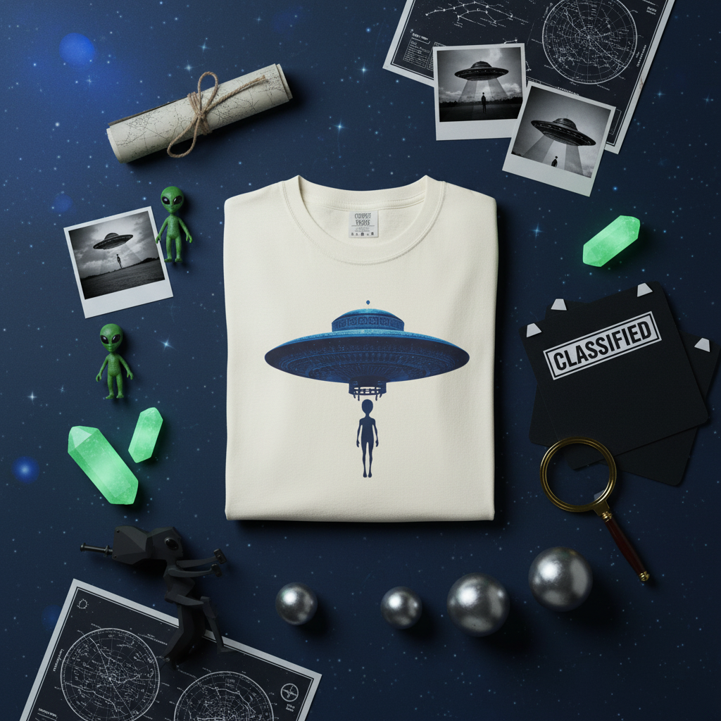 UFO Abduction minimal alien blue chinoiserie graphic tee, front view