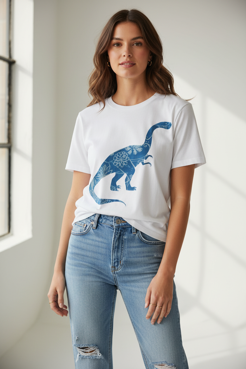 Blue Floral Dinosaur chinoiserie brontosaurus graphic tee, back view