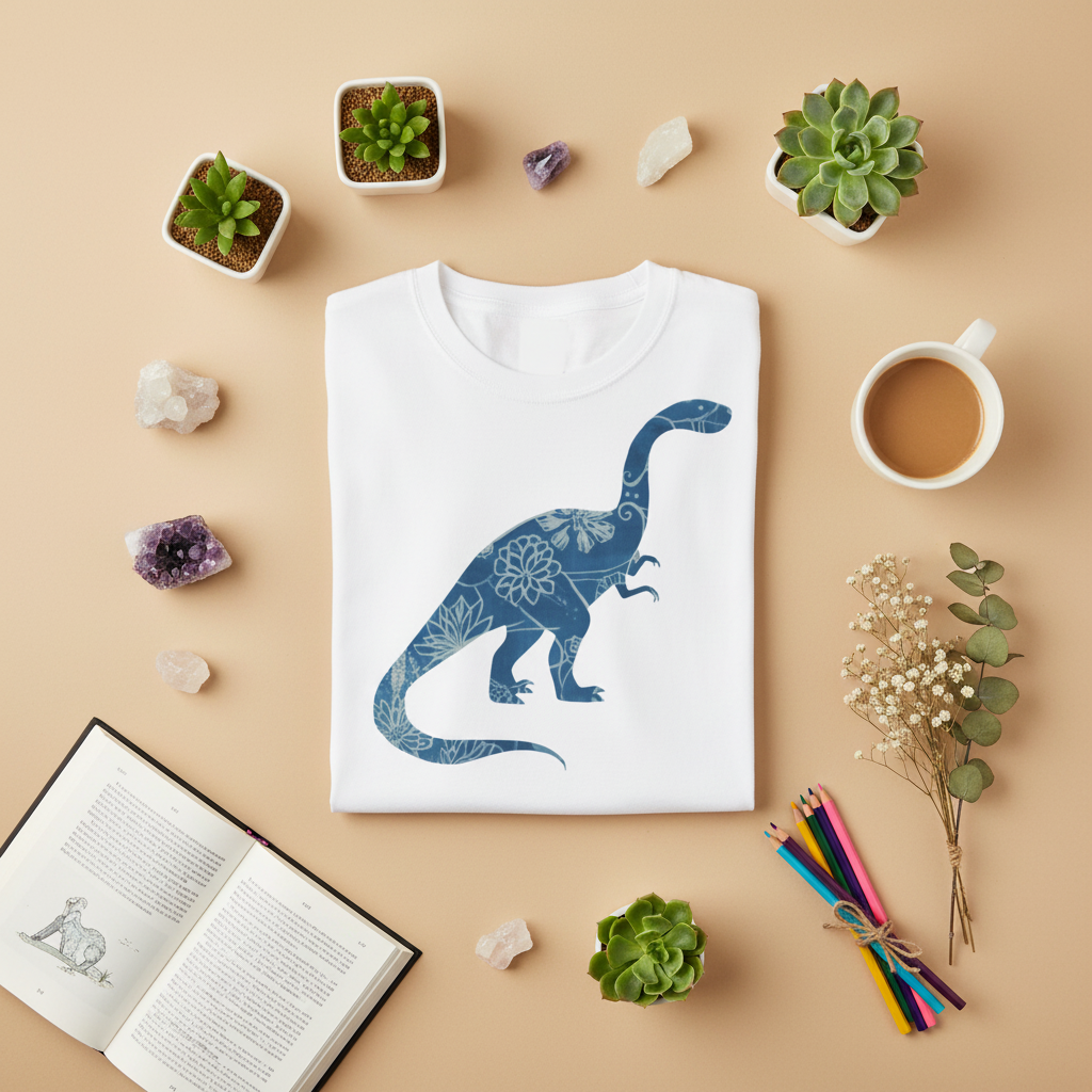 Blue Floral Dinosaur chinoiserie brontosaurus graphic tee, back view