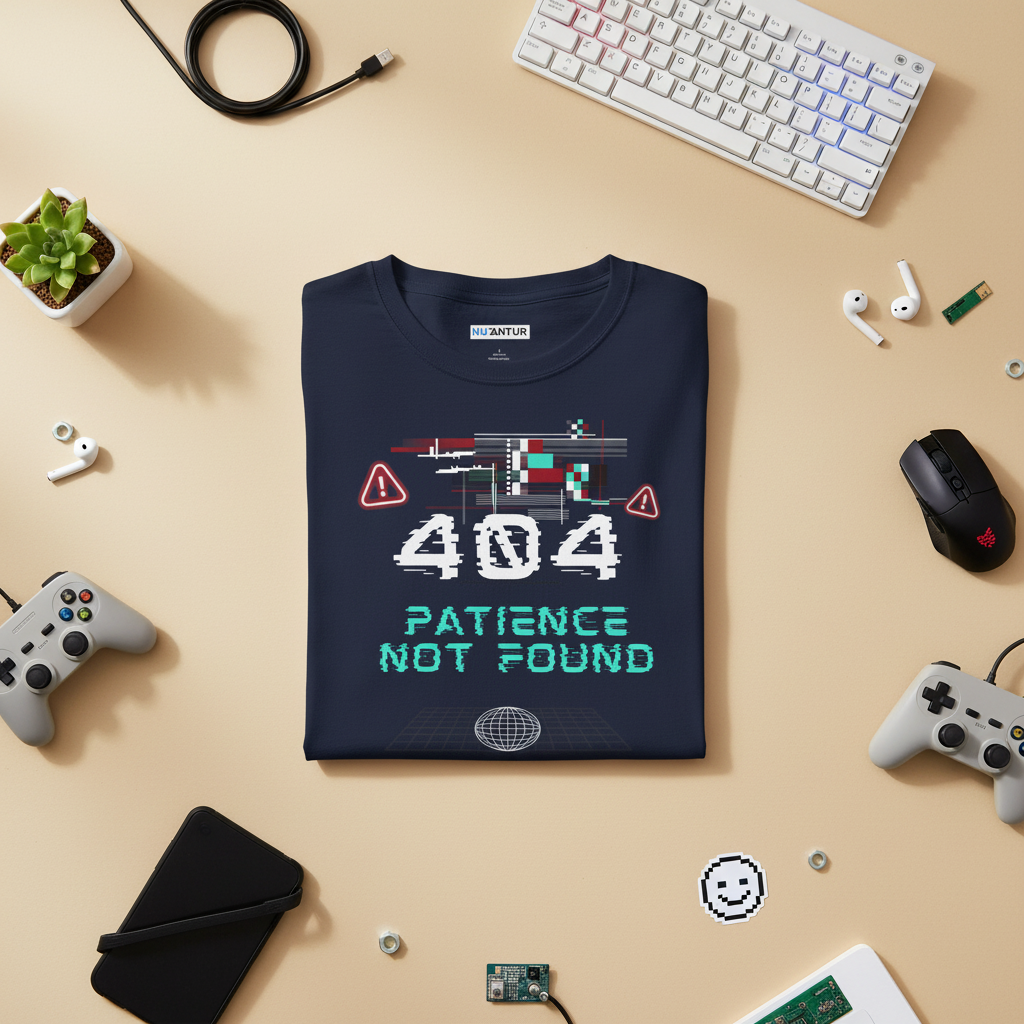 404 Patience Not Found retro glitch tech tee, flat lay