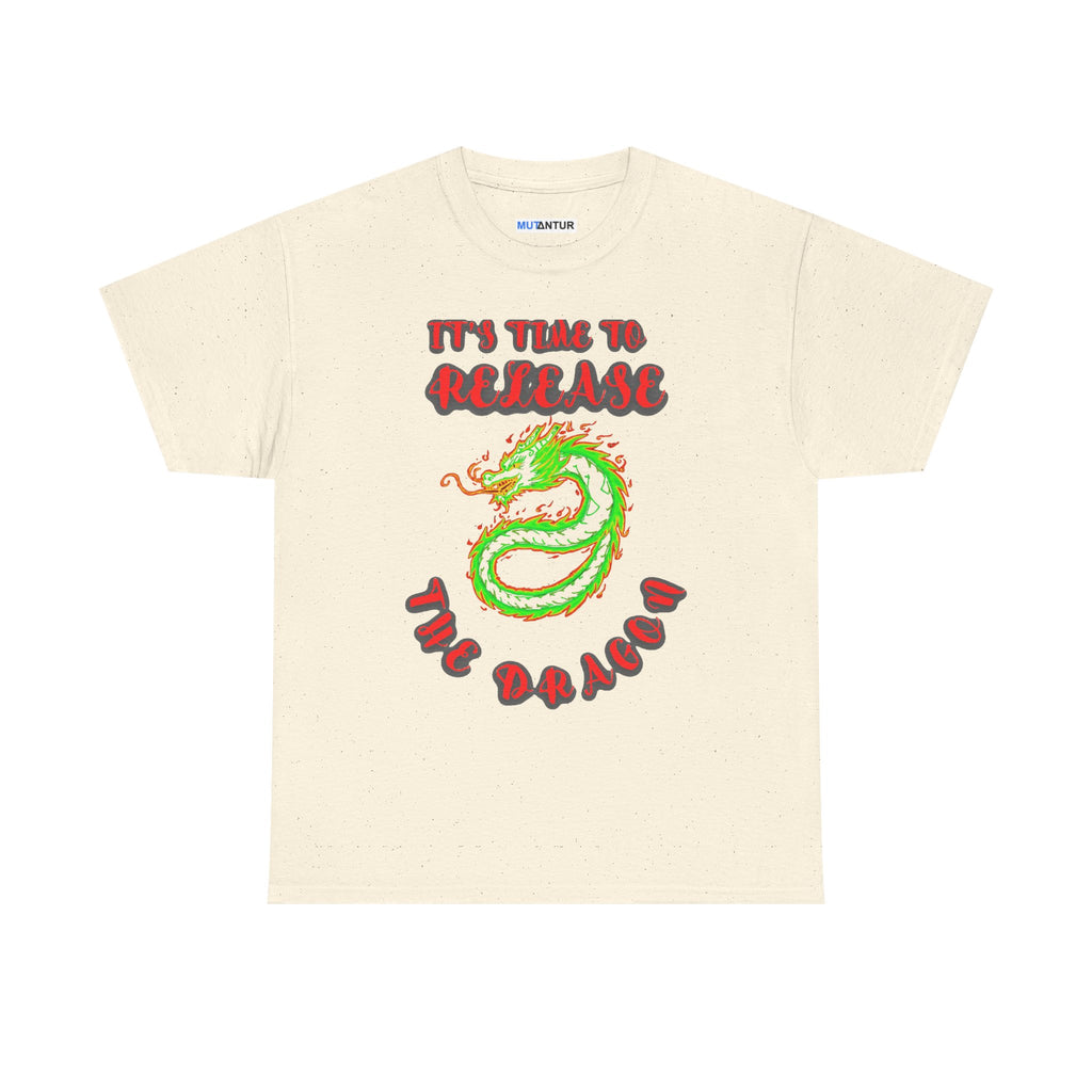 It's Time to Release the Dragon green fire dragon graphic t-shirt in natural fleck, front view