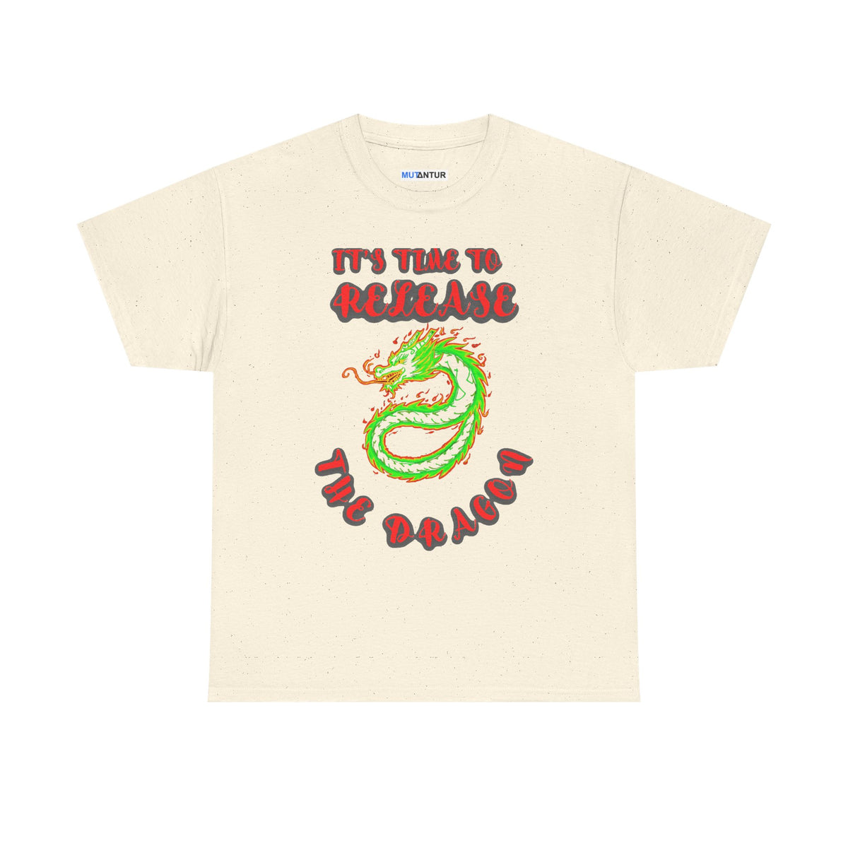 It's Time to Release the Dragon green fire dragon graphic t-shirt in natural fleck, front view