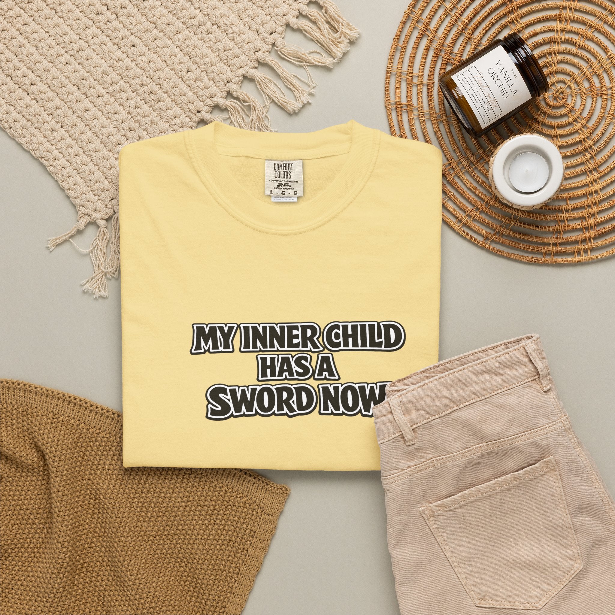 My Inner Child Has a Sword Now t-shirt, flat lay