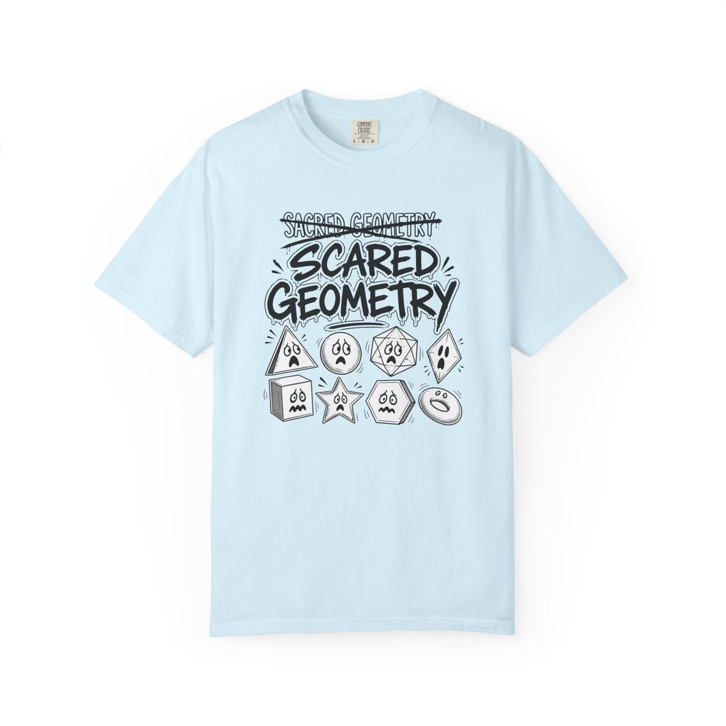 A light blue short-sleeve t-shirt with a graphic print on the front that reads 'SCARED GEOMETRY' in black and white, accompanied by various cartoonish geometric shapes.