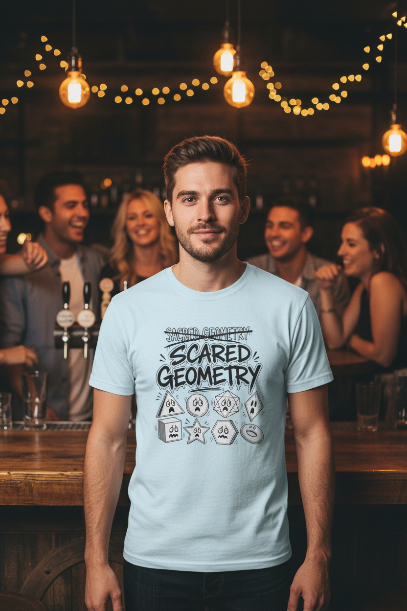 A man wearing a light blue 'Scared Geometry' graphic t-shirt featuring spooky-faced dice and star shapes, shown in a close-up torso shot at a bar with string lights in the background.