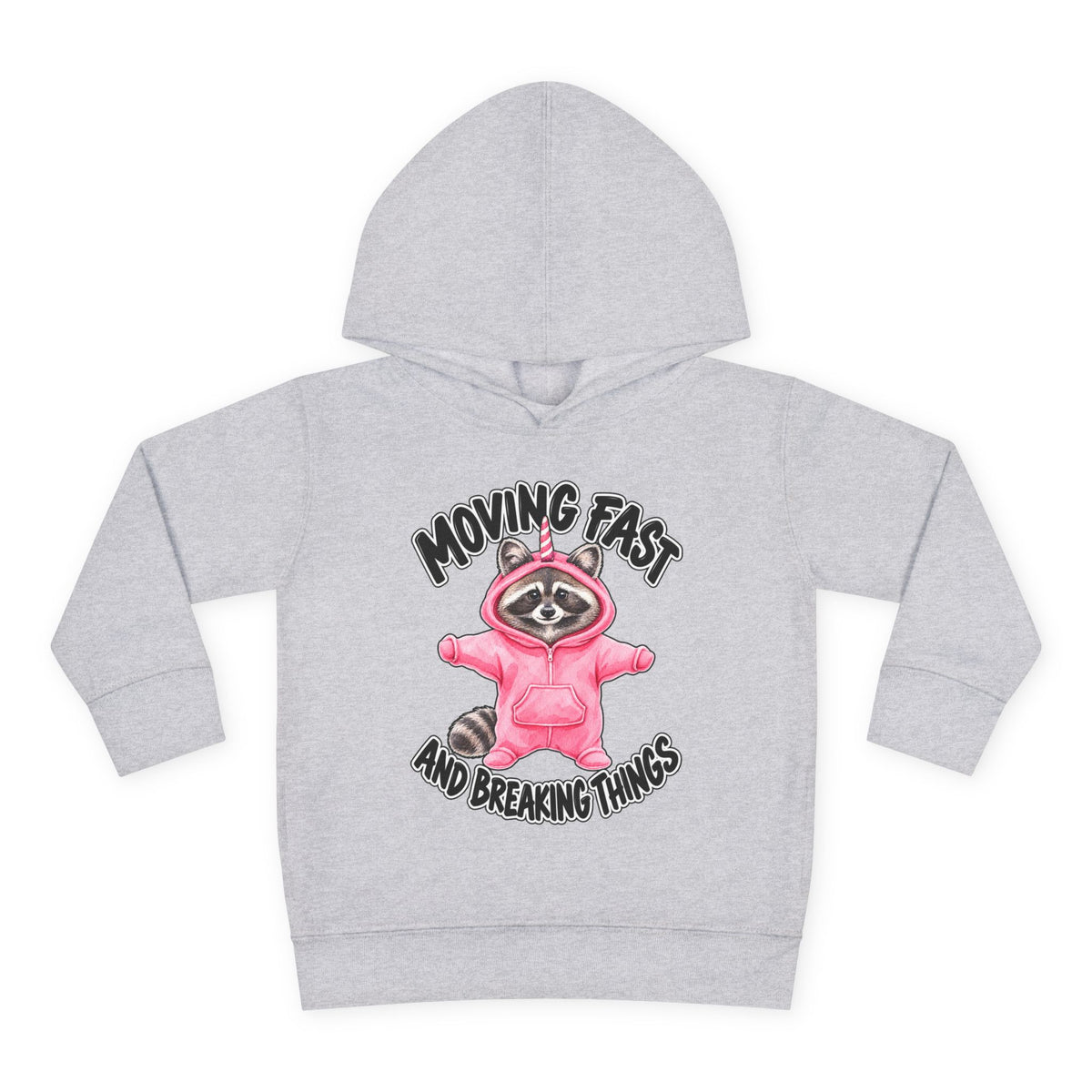 gray kids hoodie with black text that reads MOVING FAST AND BREAKING THINGS around a racoon dressed in a pink onesie with a unicorn horn