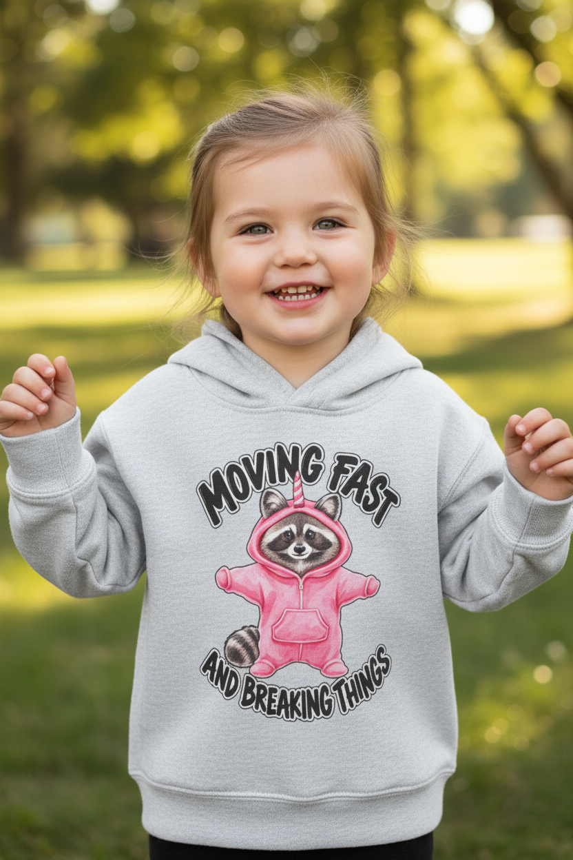 girl toddler playing outside wearing a grey pullover hoodie with a graphic of a raccoon in a pink hoodie and the text 'MOVING FAST AND BREAKING THINGS' on the front