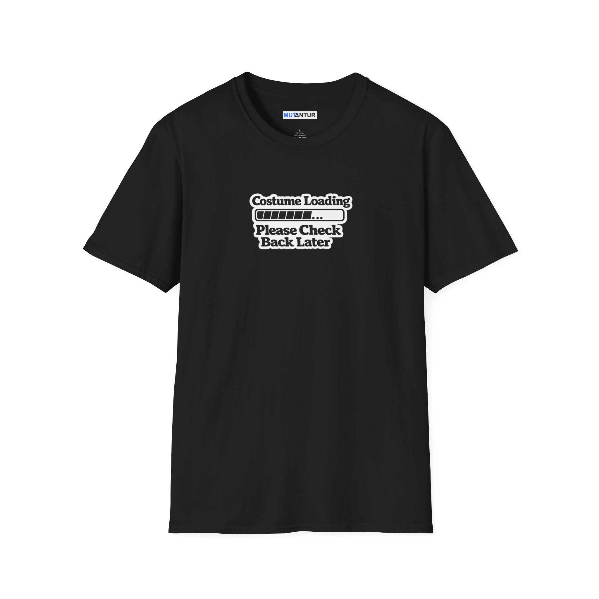 Black  short-sleeve crewneck t-shirt featuring a graphic print on the chest that reads 'Costume Loading. Please Check Back later