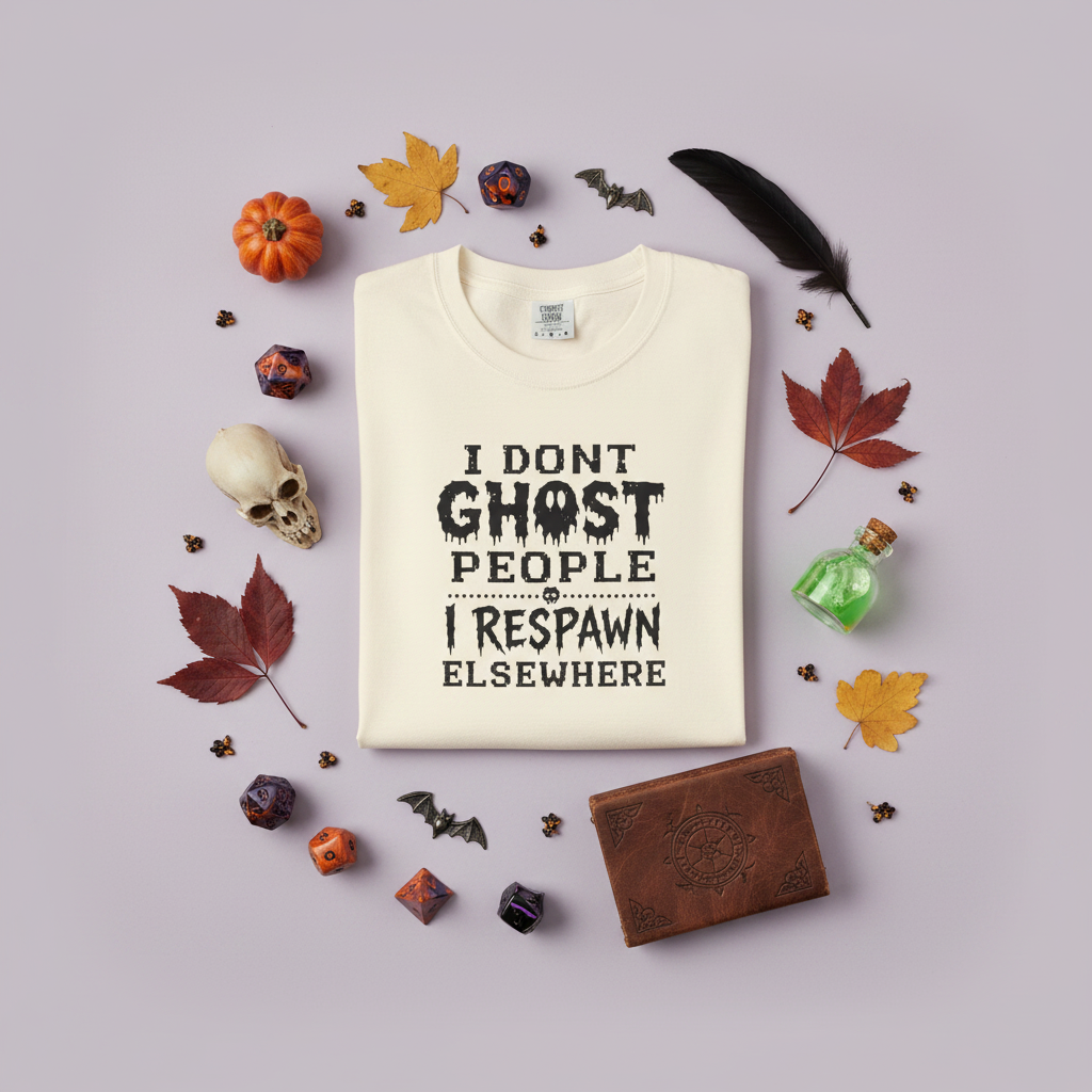 An off-white short-sleeve t-shirt with a black graphic text print on the front that reads 'I DON'T GHOST PEOPLE I RESPAWN ELSEWHERE'.