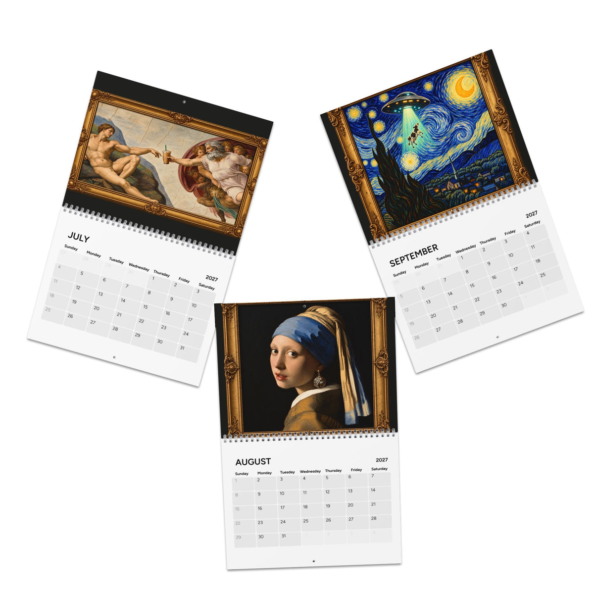 Three spiral-bound wall calendars displayed on a white background, each featuring a famous painting: 'The Creation of Adam' for July, 'The Starry Night' for September, and 'Girl with a Pearl Earring' for August.