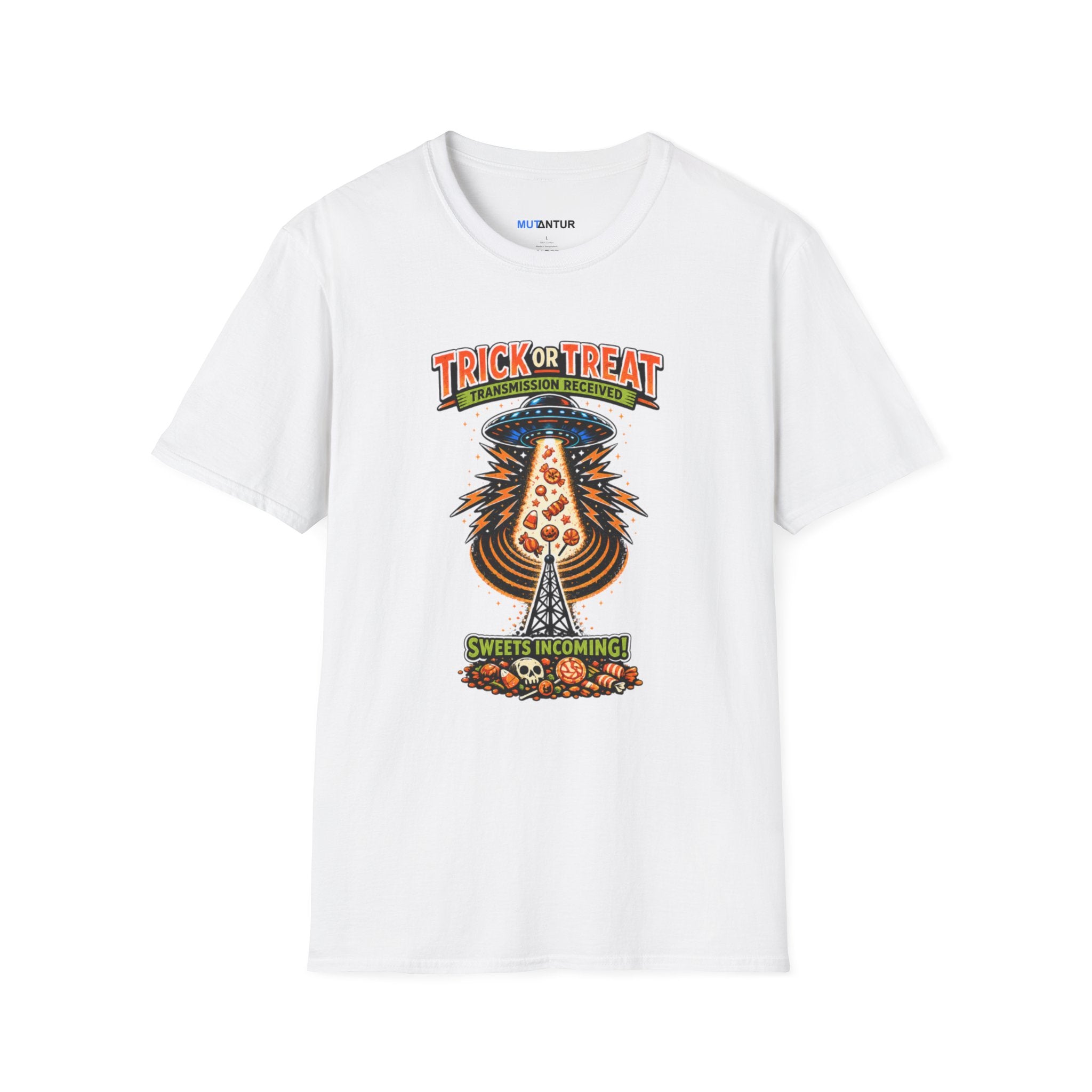 A white short-sleeve crewneck t-shirt featuring a colorful graphic print on the front. The graphic shows a UFO Beaming up candy flying upward from a haunted house under the text 'TRICK OR TREAT' and 'SWEETS COMING !', with a small 'MUTANTUR brand label visible inside the collar.