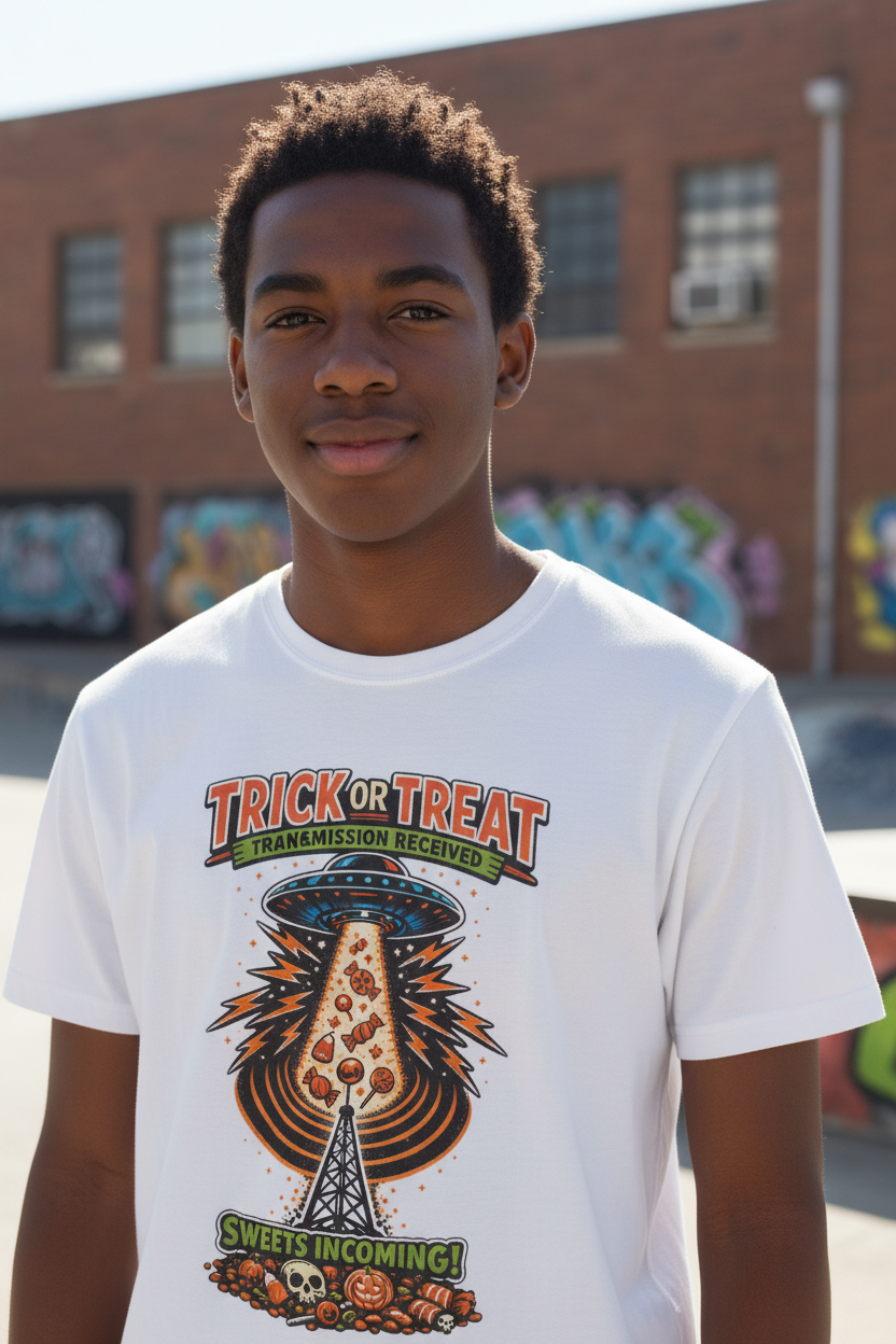 A white short-sleeve crewneck t-shirt featuring a colorful graphic print on the front. The graphic shows a UFO Beaming up candy flying upward from a haunted house under the text 'TRICK OR TREAT' and 'SWEETS COMING !', with a small 'MUTANTUR brand label visible inside the collar.