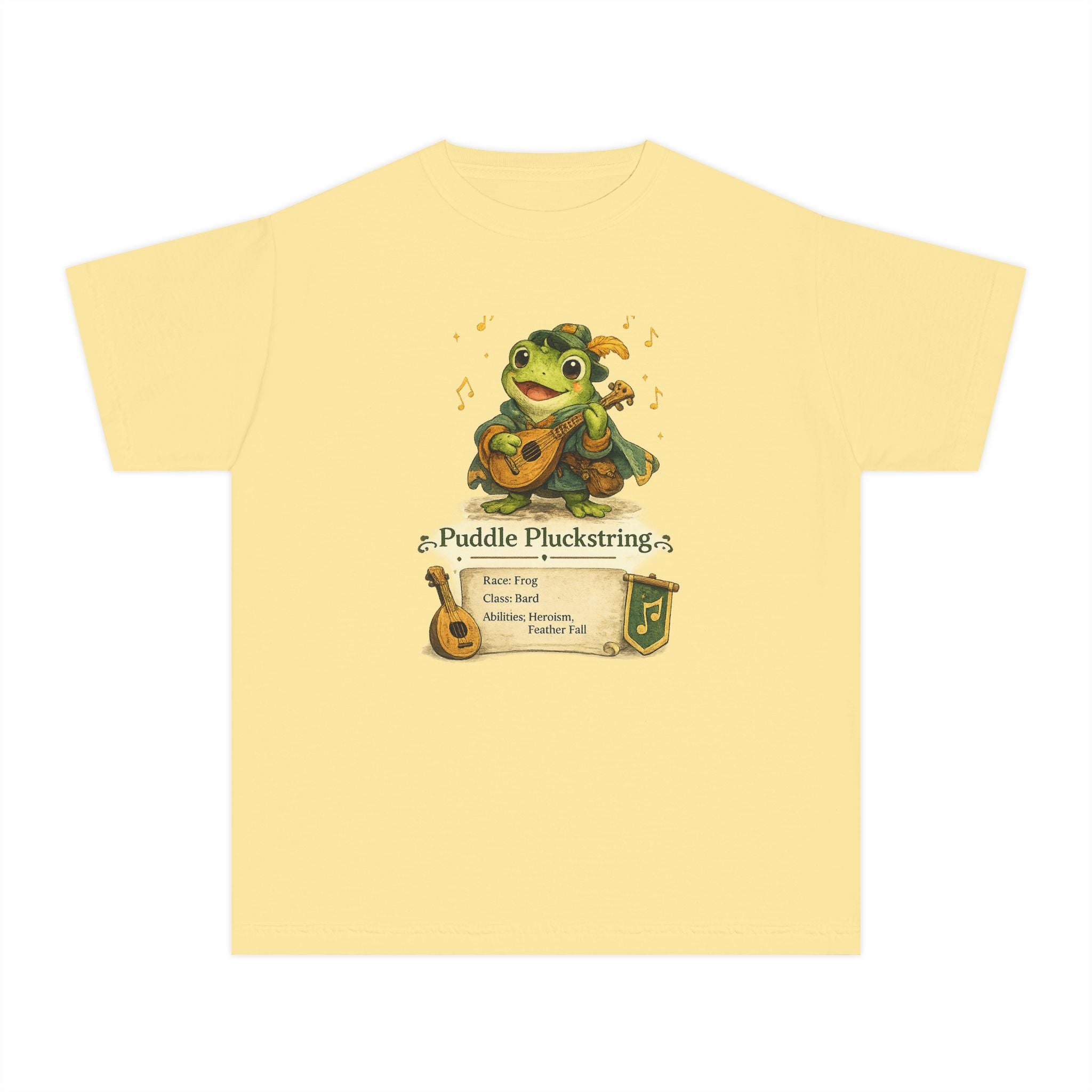 Puddle Pluckstring Frog Bard kids Character Tee