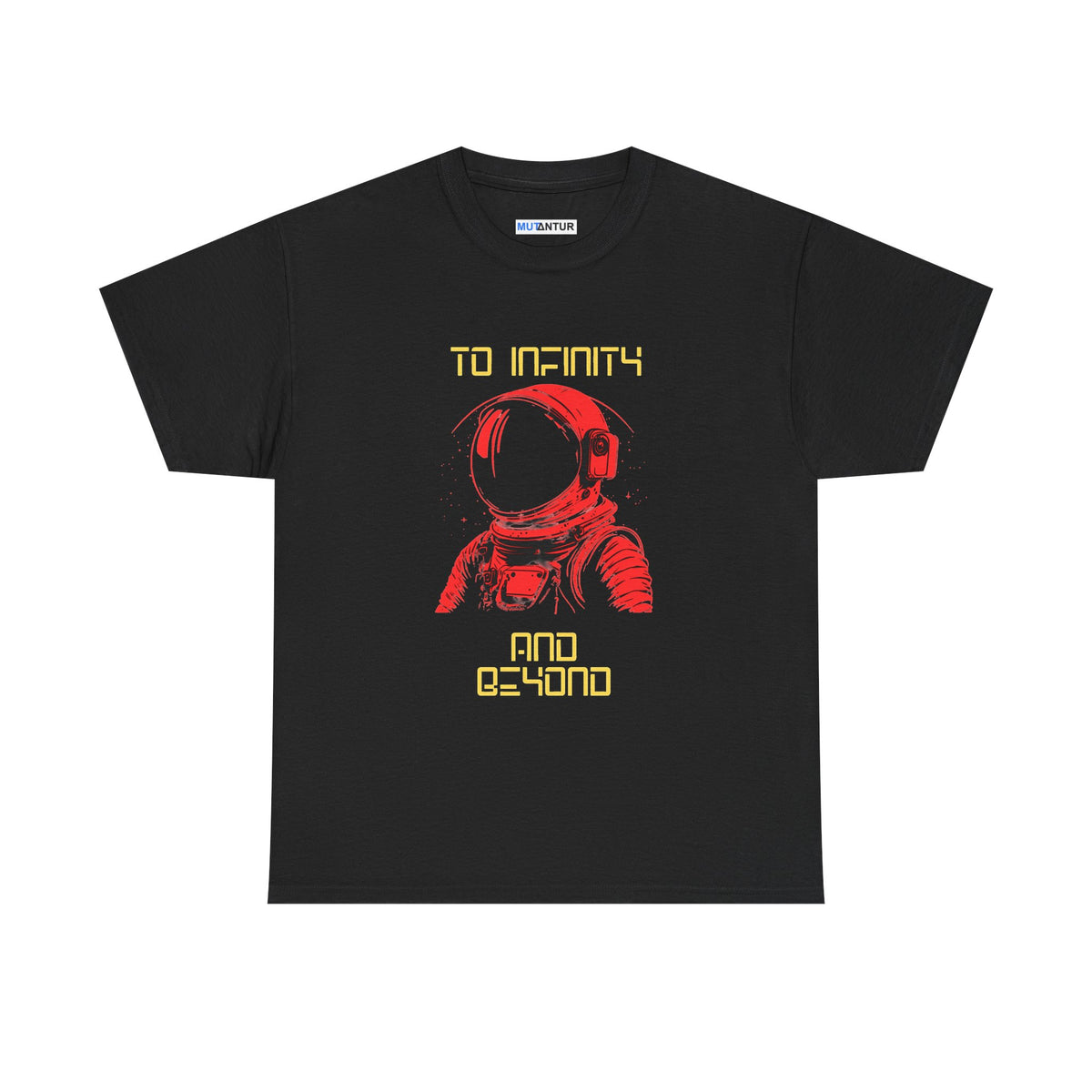 To Infinity and Beyond retro astronaut graphic tee in black, front view flat mockup