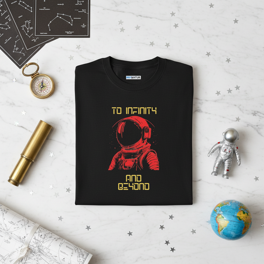 To Infinity and Beyond retro astronaut graphic tee in black, folded flat lay styled with a compass, telescope, star charts, and a toy astronaut figurine