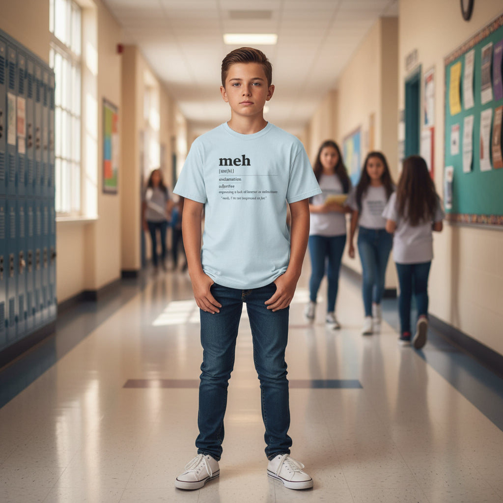 Youth “Meh” Definition T-Shirt — Funny Minimalist Kids Graphic Tee - Mutantur Labs LLC