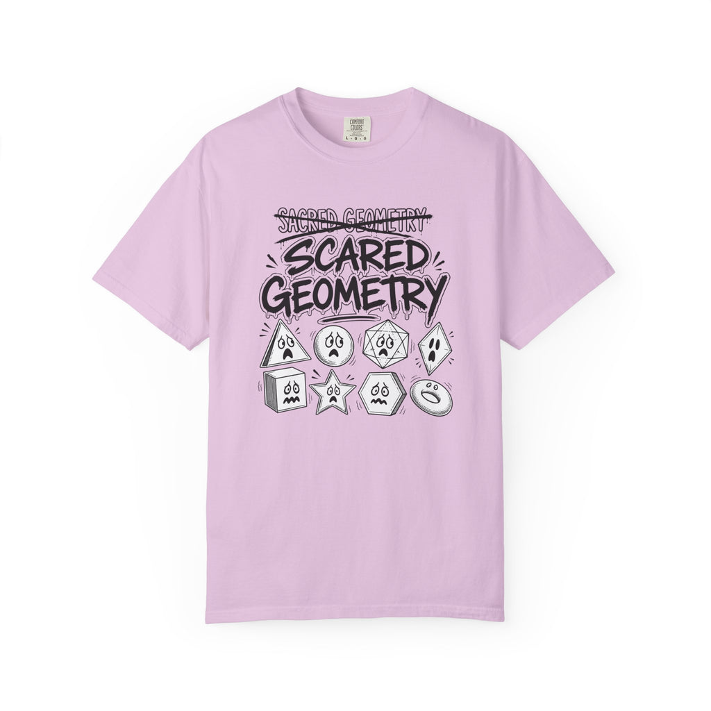 A light purple short-sleeve t-shirt with a black and white graphic on the front that reads 'SCARED GEOMETRY' above various cartoonish geometric shapes, shown on a plain white background.