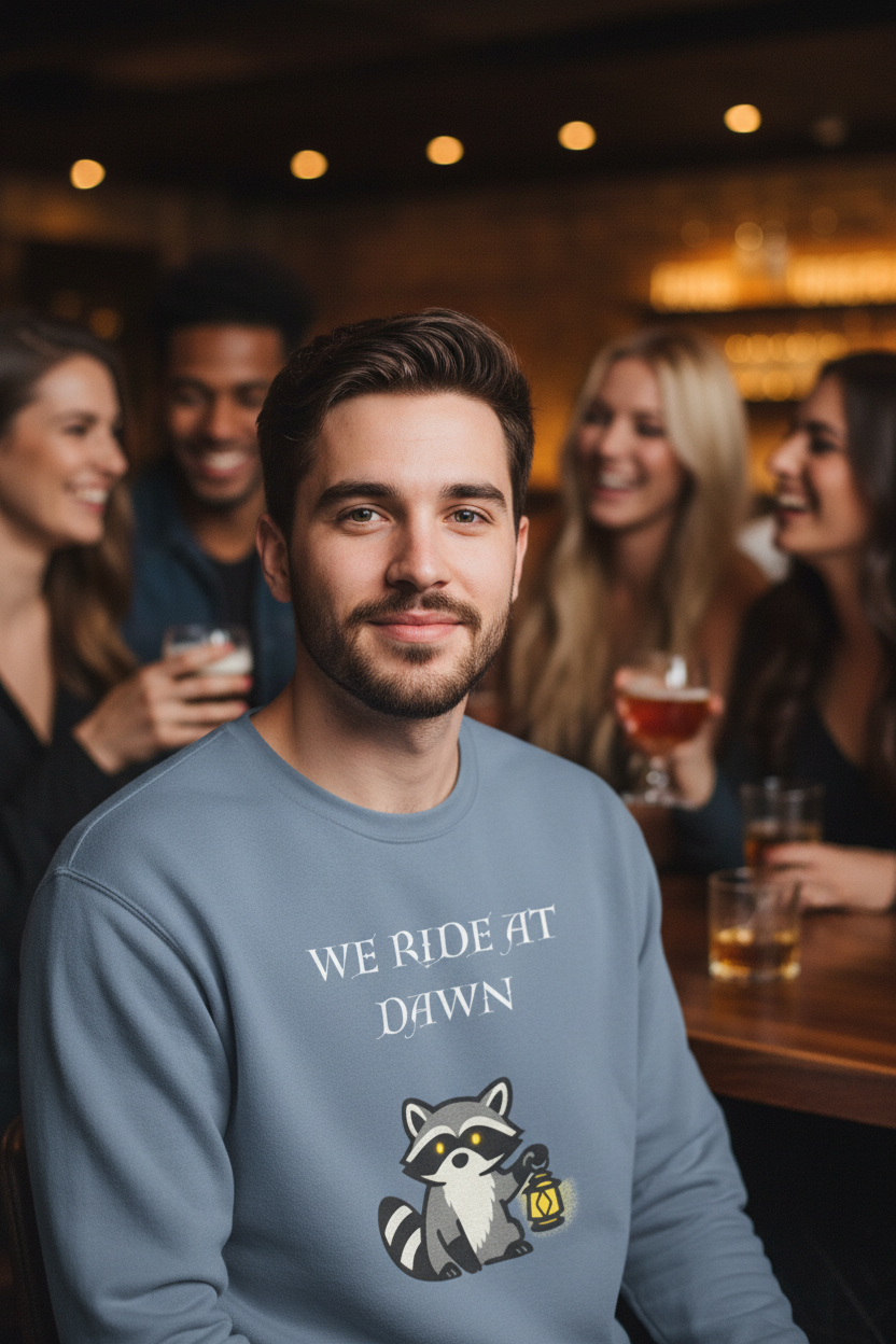 We Ride at Dawn Raccoon Crewneck Sweatshirt - Mutantur Labs LLC