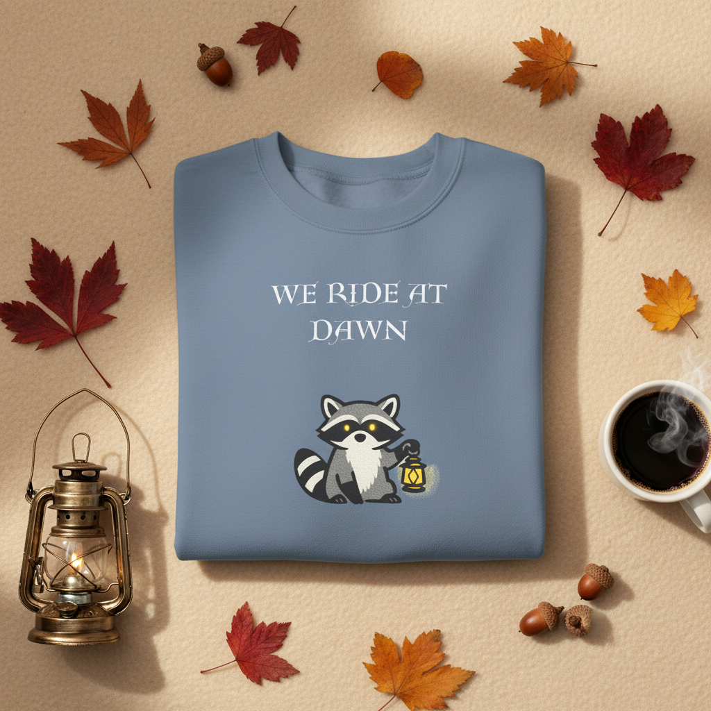 We Ride at Dawn raccoon crewneck sweatshirt, front view