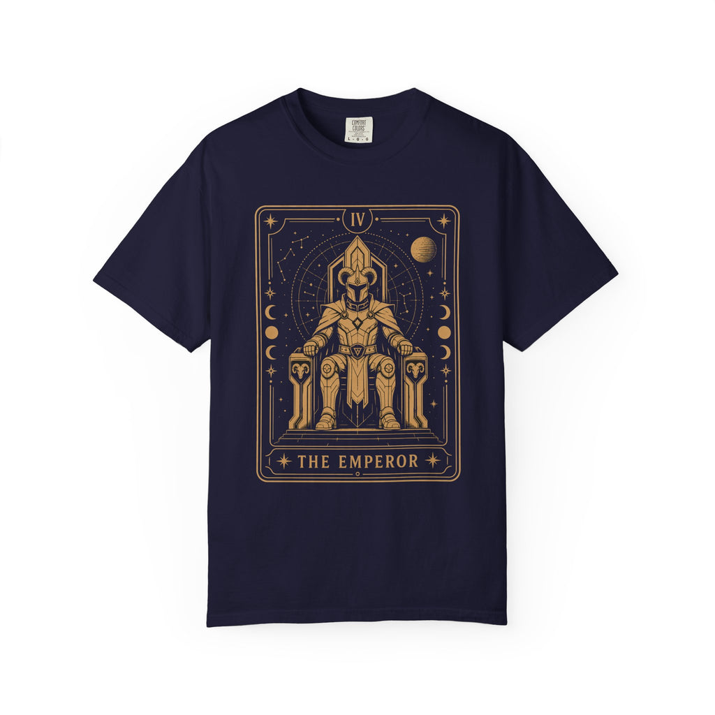 A navy crewneck Comfort Colors t-shirt featuring The Emperor from the Future Arcana collection, inspired by The Emperor tarot card. A regal futuristic ruler sits upon a cosmic throne surrounded by celestial Art Deco details in elegant gold line art on a transparent background.