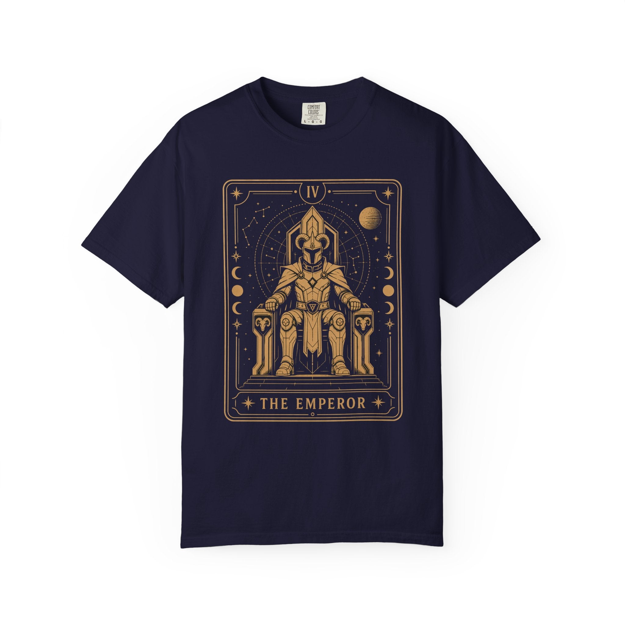 A navy crewneck Comfort Colors t-shirt featuring The Emperor from the Future Arcana collection, inspired by The Emperor tarot card. A regal futuristic ruler sits upon a cosmic throne surrounded by celestial Art Deco details in elegant gold line art on a transparent background.