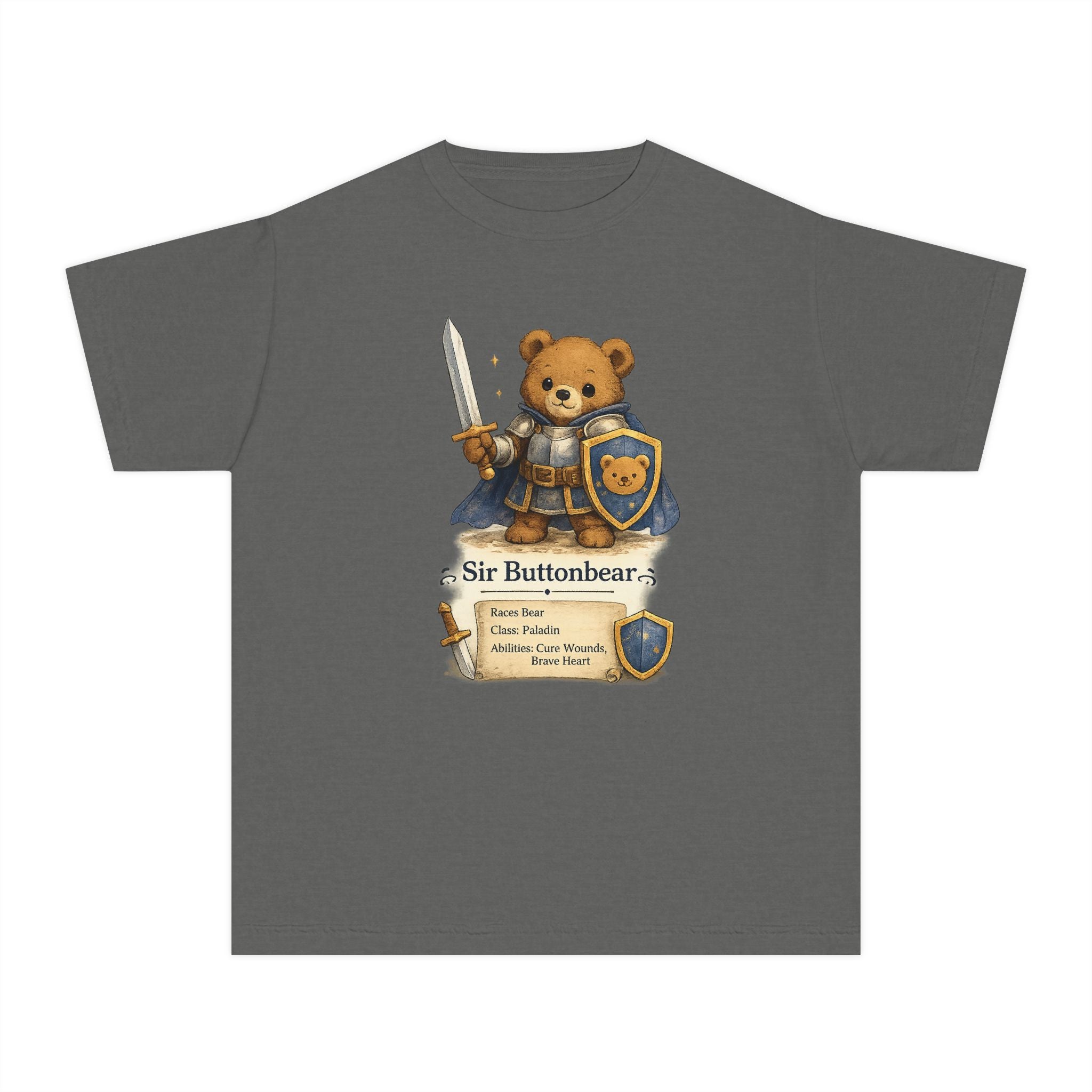 Gray t-shirt with a teddy bear in armor graphic on a white background