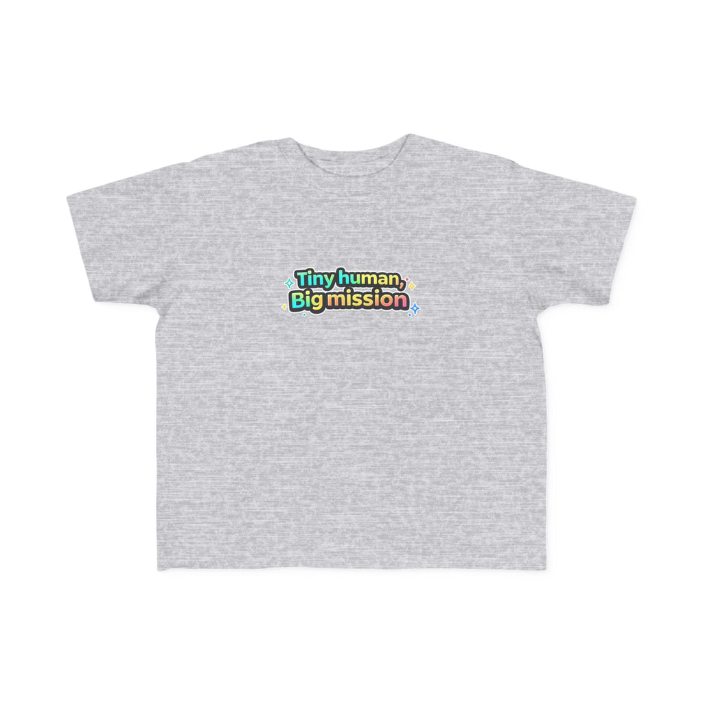 Gray t-shirt with colorful text 'Tiny human, Big mission' on a white background