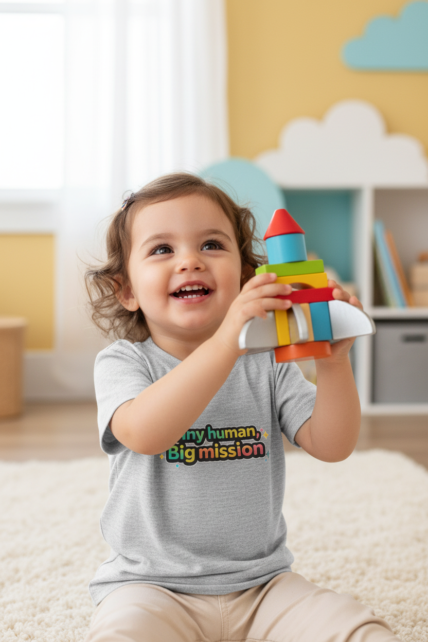 Tiny Human Big Mission Toddler T-Shirt — Colorful Sci-Fi Kids Graphic Tee