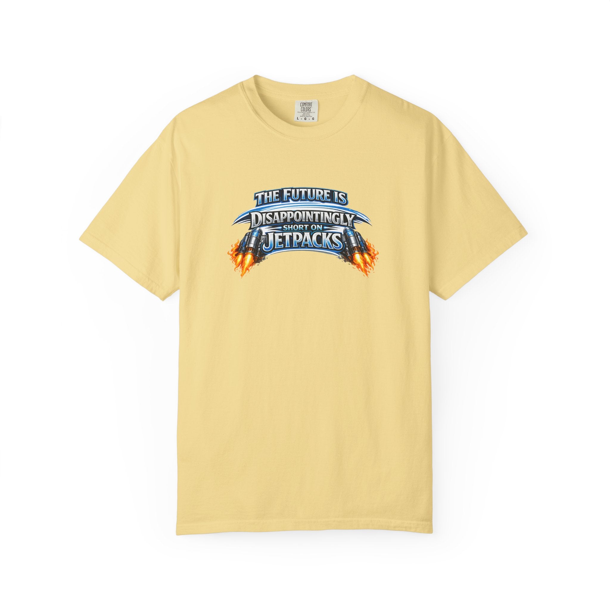 A pale yellow short-sleeve crewneck t-shirt featuring a graphic print on the chest that reads 'THE FUTURE IS DISAPPOINTINGLY SHORT ON JETPACKS' in stylized blue and orange lettering with flame effects.