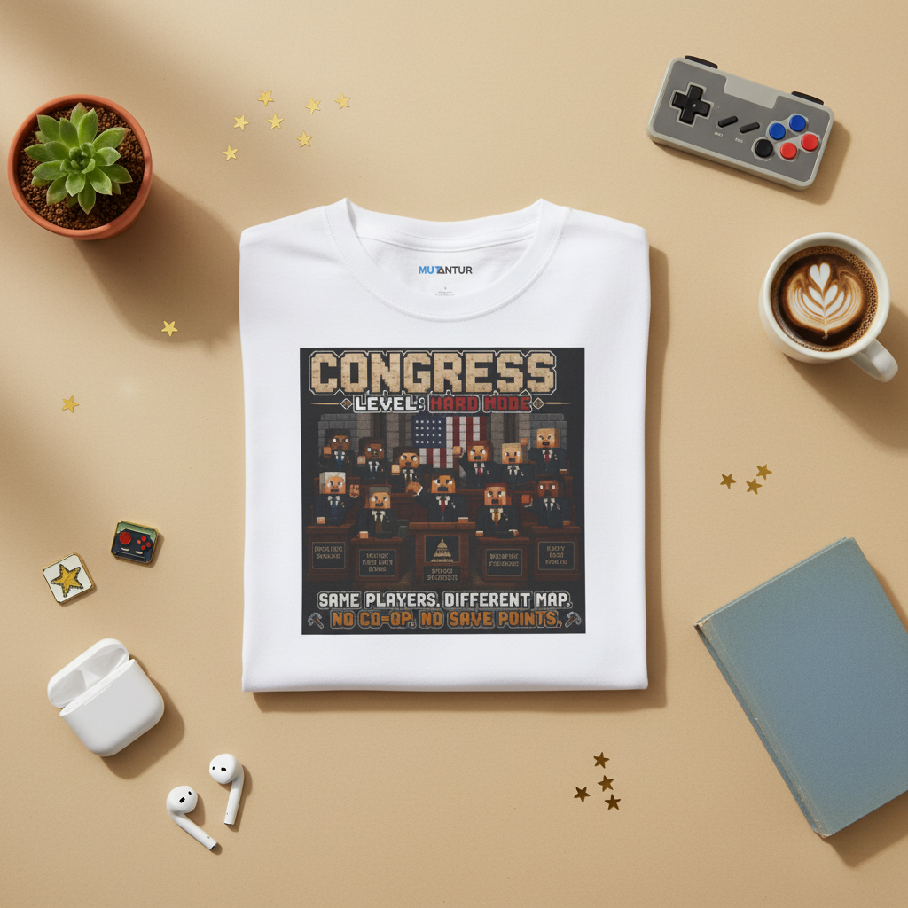 White retro pixel-art graphic tee depicting a video game lobby screen reading "Congress: Level 1000 — Same Players, Different Map. No Co-Op. No Save Points."