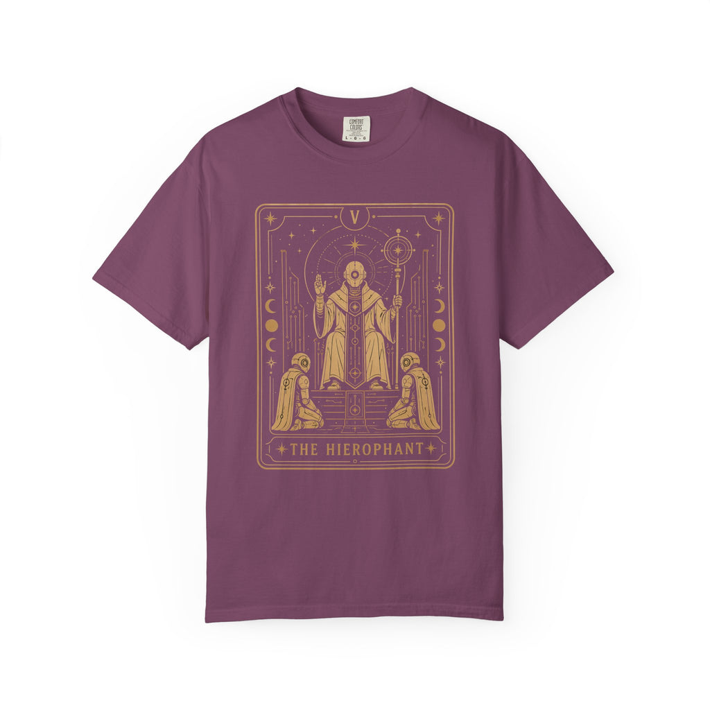 A purple Comfort Colors t-shirt featuring The Hierophant from the Future Arcana collection, inspired by The Hierophant tarot card. A futuristic cosmic scholar is framed by celestial Art Deco details in elegant gold line art on a transparent background.