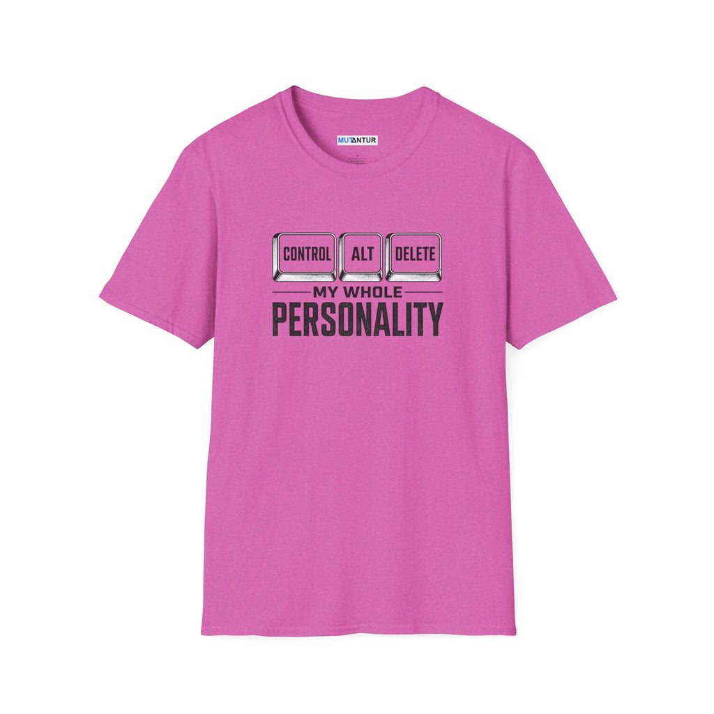 A pink short-sleeve crewneck t-shirt with a graphic on the chest that reads 'CONTROL ALT DELETE' above 'MY WHOLE PERSONALITY' in black text, shown on a plain white background.