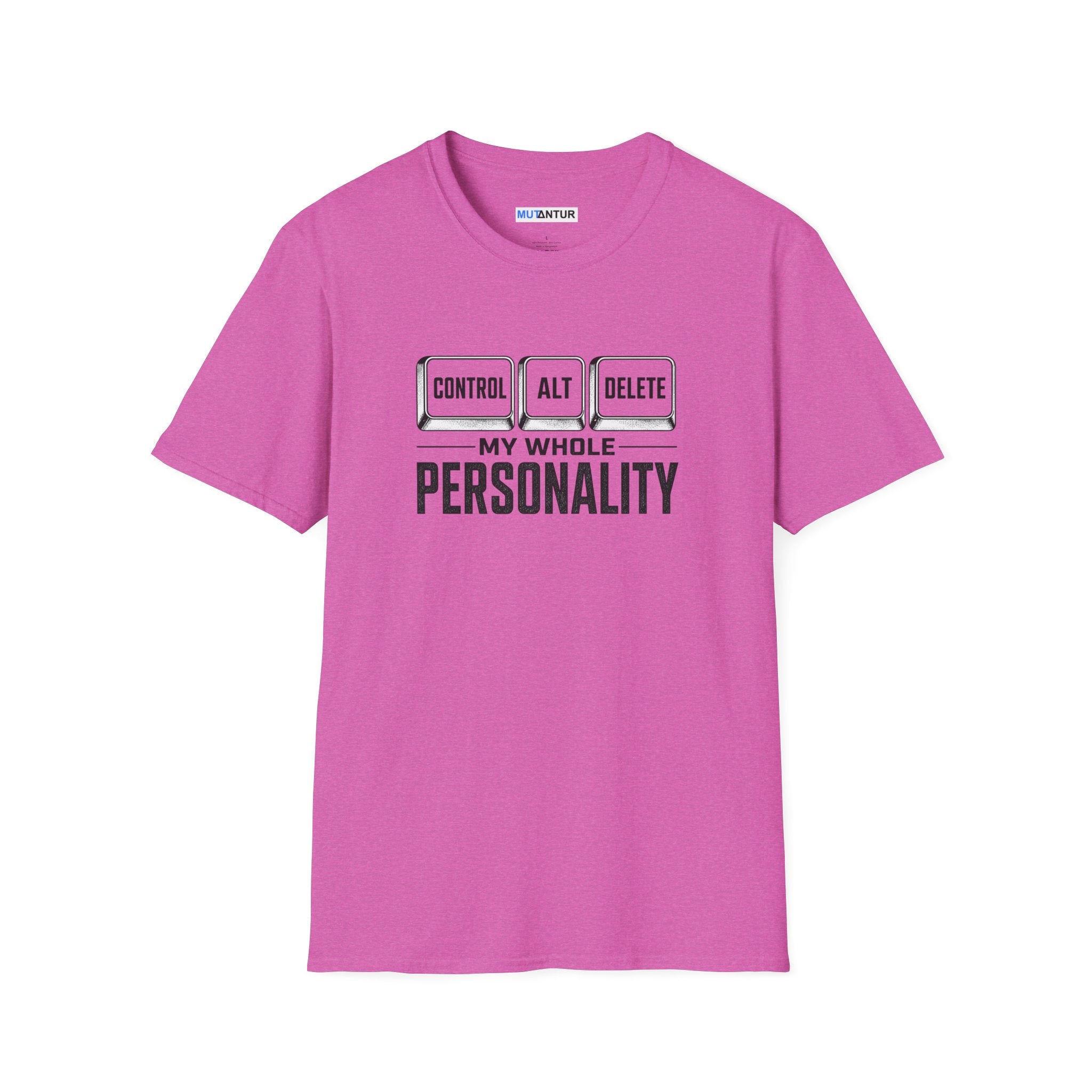 A pink short-sleeve crewneck t-shirt with a graphic on the chest that reads 'CONTROL ALT DELETE' above 'MY WHOLE PERSONALITY' in black text, shown on a plain white background.