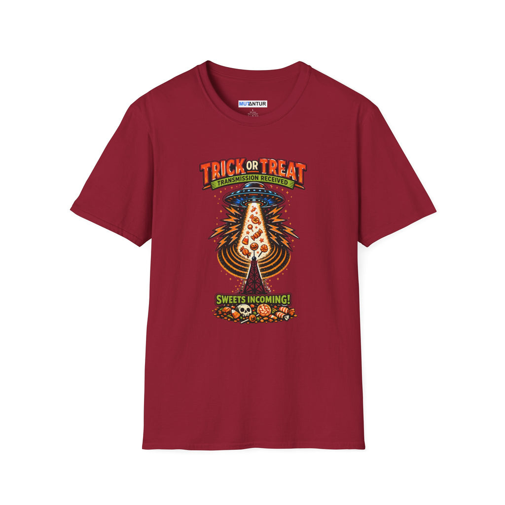 red short sleeved t shirt with a retro UFO Halloween design