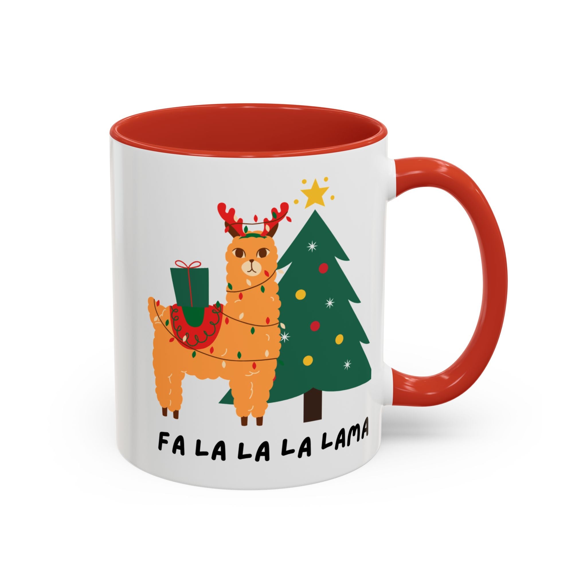 A white ceramic mug with a red interior and red handle, featuring a festive Christmas llama illustration next to a decorated tree and the text 'FA LA LA LA LAMA'.