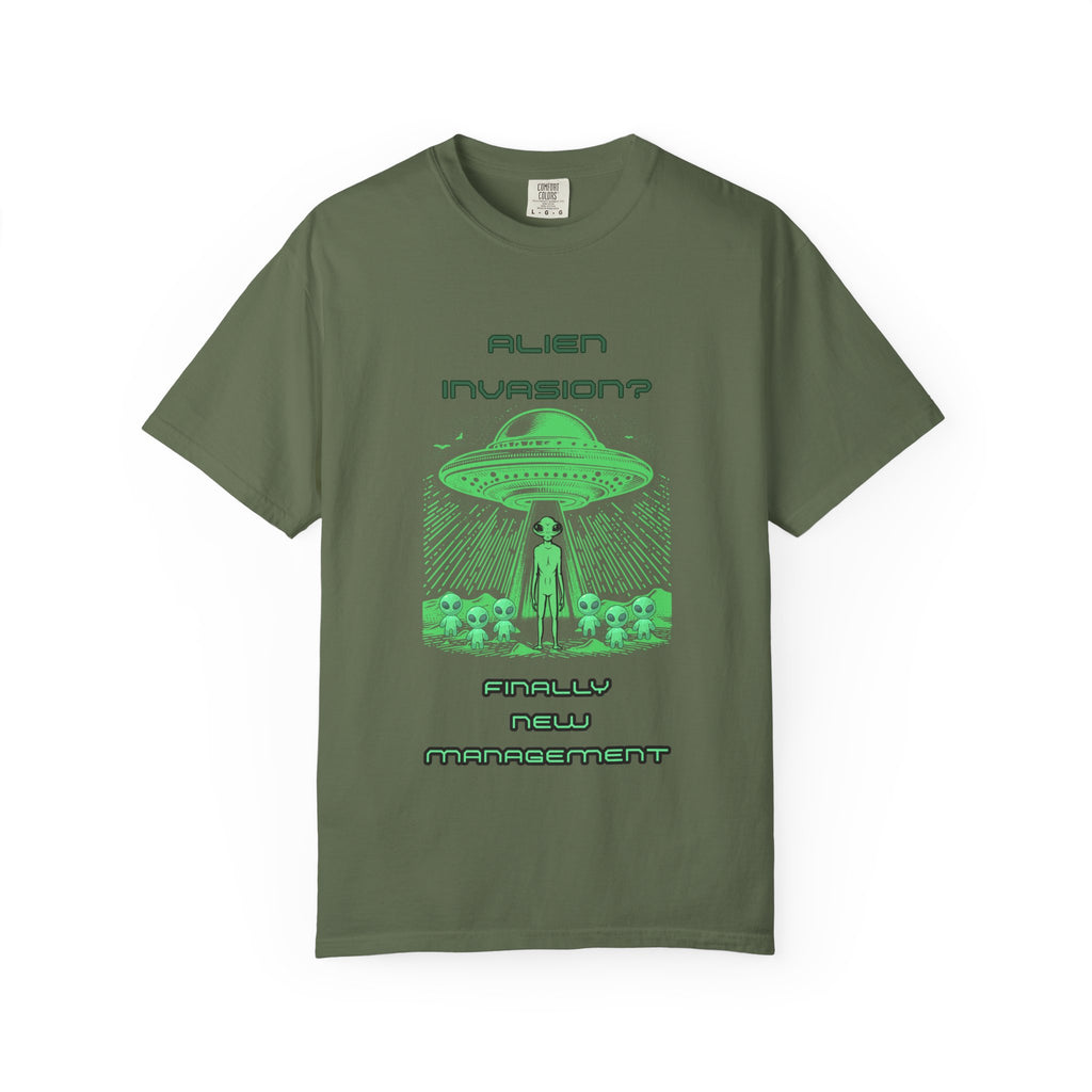 Alien Invasion Finally New Management UFO graphic tee in olive green, front view