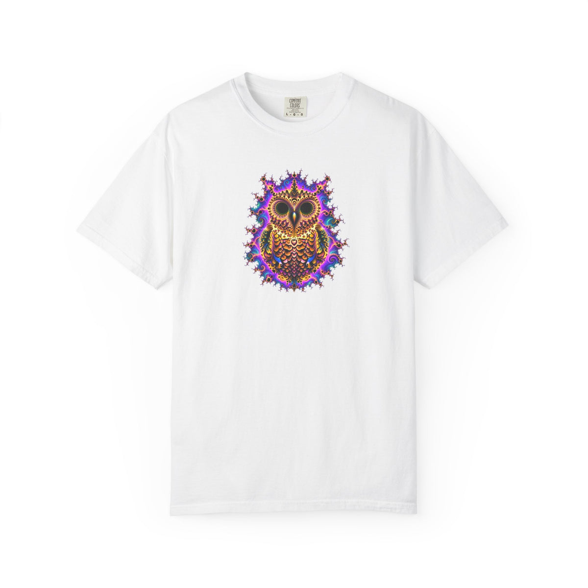A white short-sleeve crewneck t-shirt featuring a colorful, intricate owl graphic printed on the center chest, displayed against a solid white background.