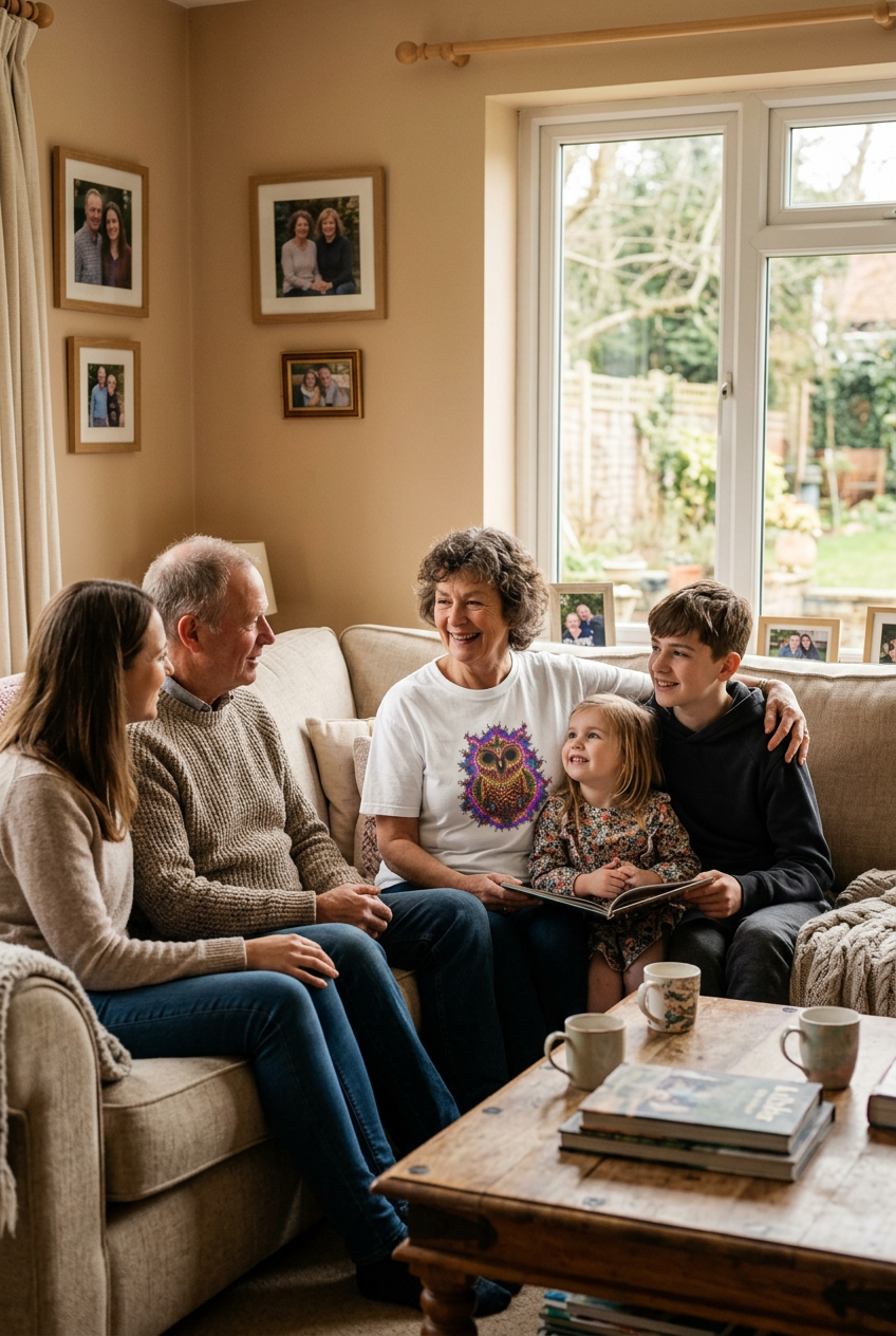 A family of five sits together on a beige sofa in a warm, cozy living room. The room features warm beige walls decorated with multiple framed family photographs.