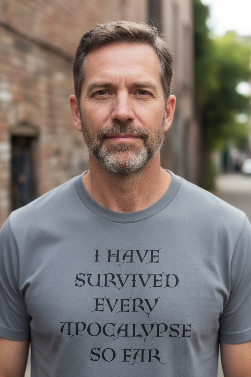 A grey short-sleeve t-shirt with black text on the front reading 'I HAVE SURVIVED EVERY APOCALYPSE SO FAR.' on a plain white background.