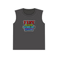 Gray tank top with colorful text design on a white background